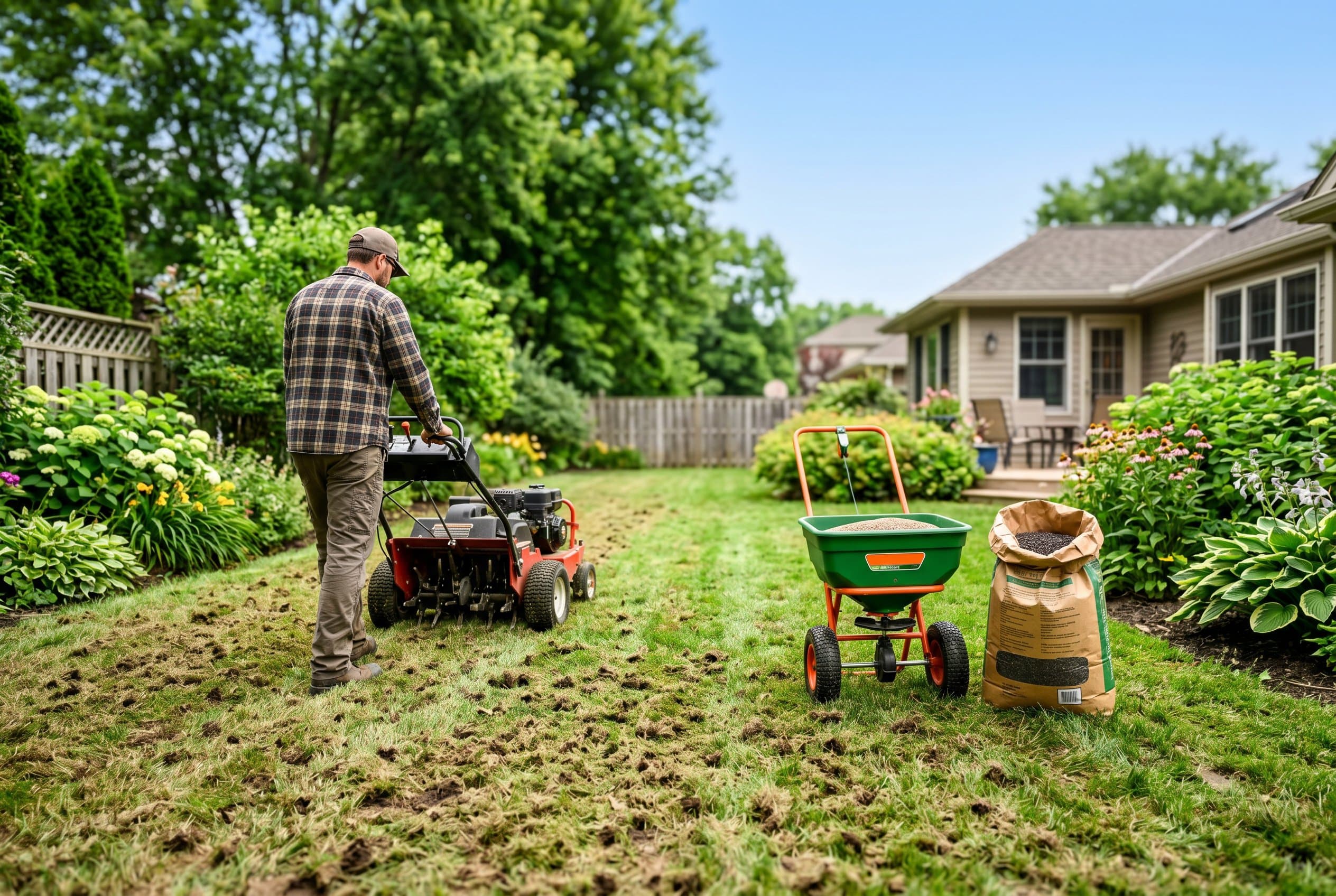 Backyard lawn mid-renovation with a core aerator on one side and a broadcast spreader beside an open bag of grass seed on the other