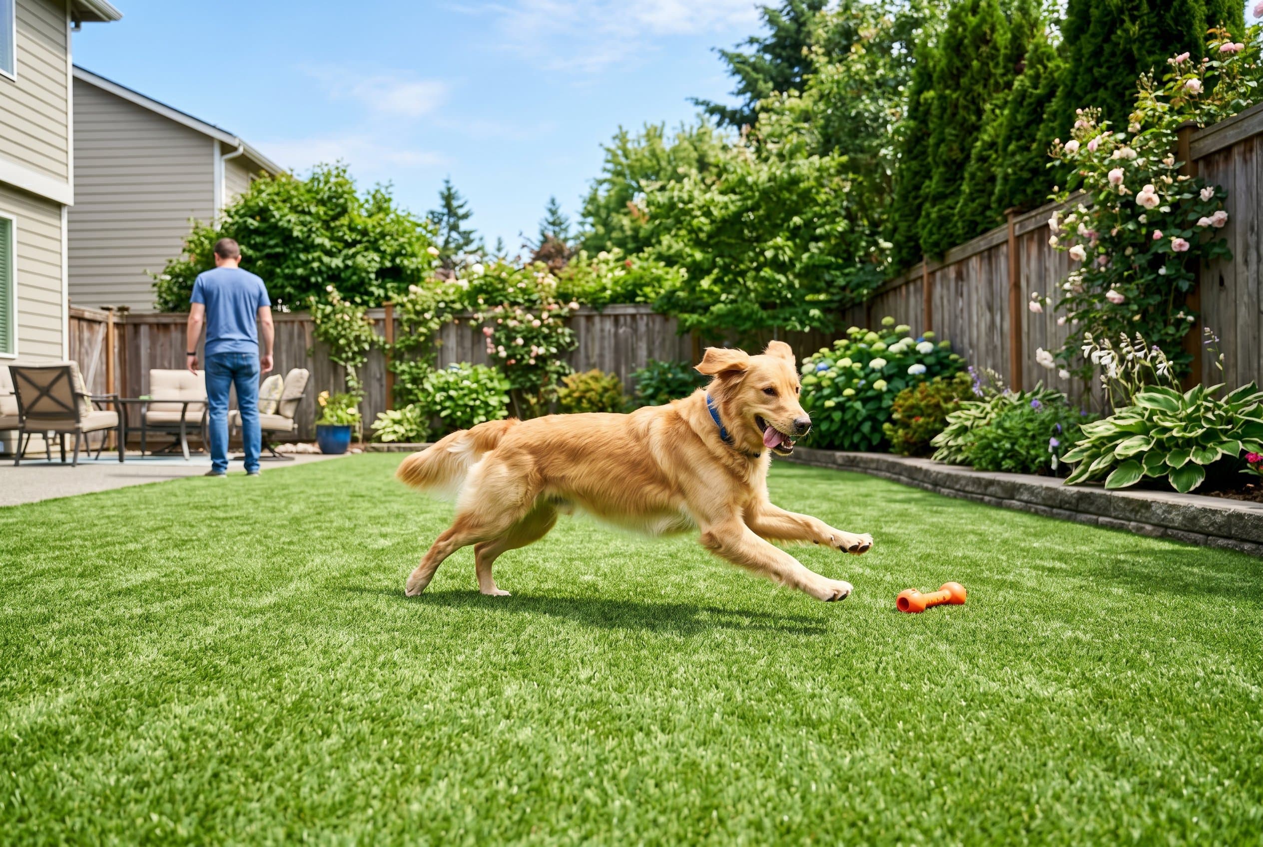 Golden retriever playing on artificial turf for dogs in sunny backyard
