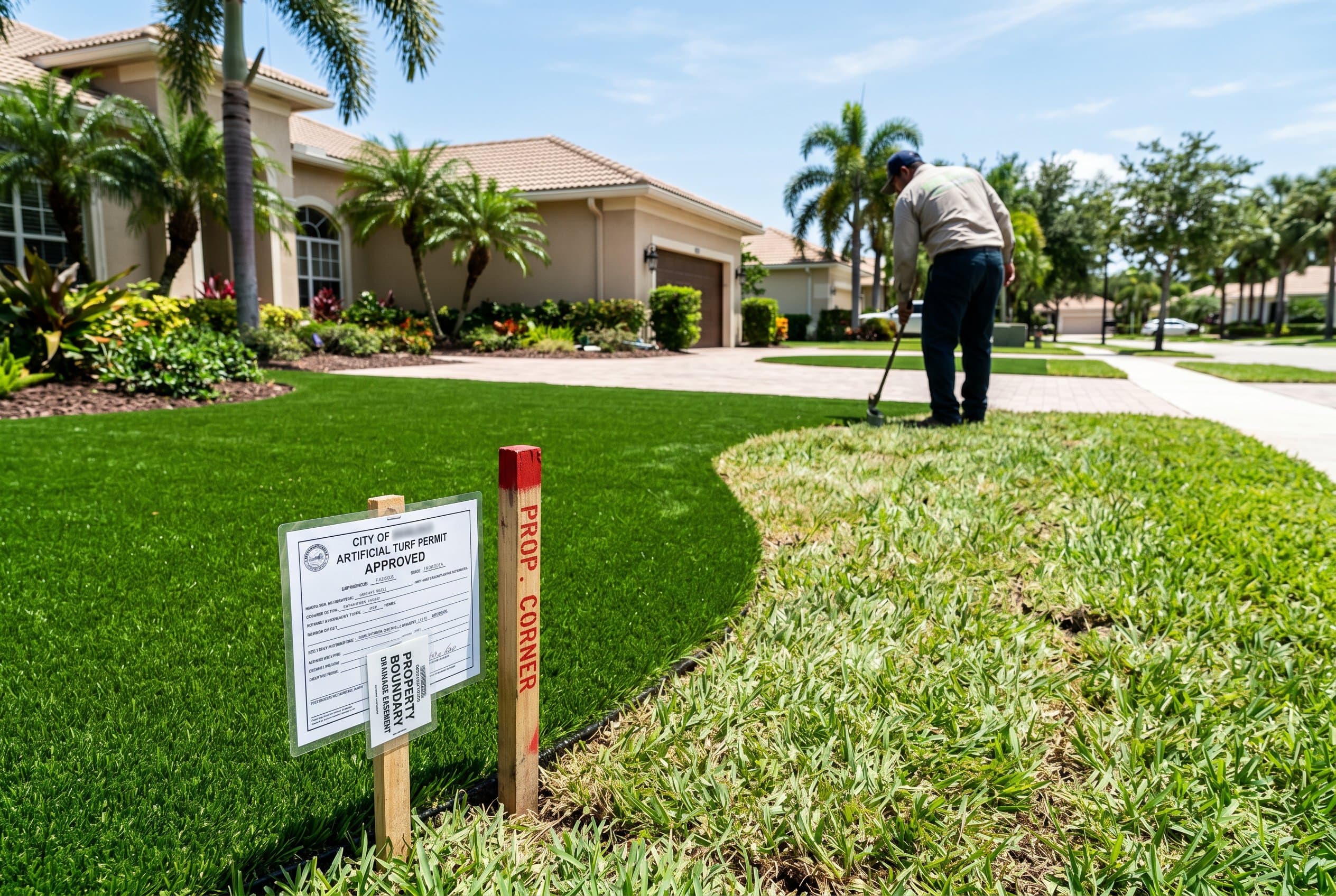 Florida homeowner installing artificial turf in residential lawn area