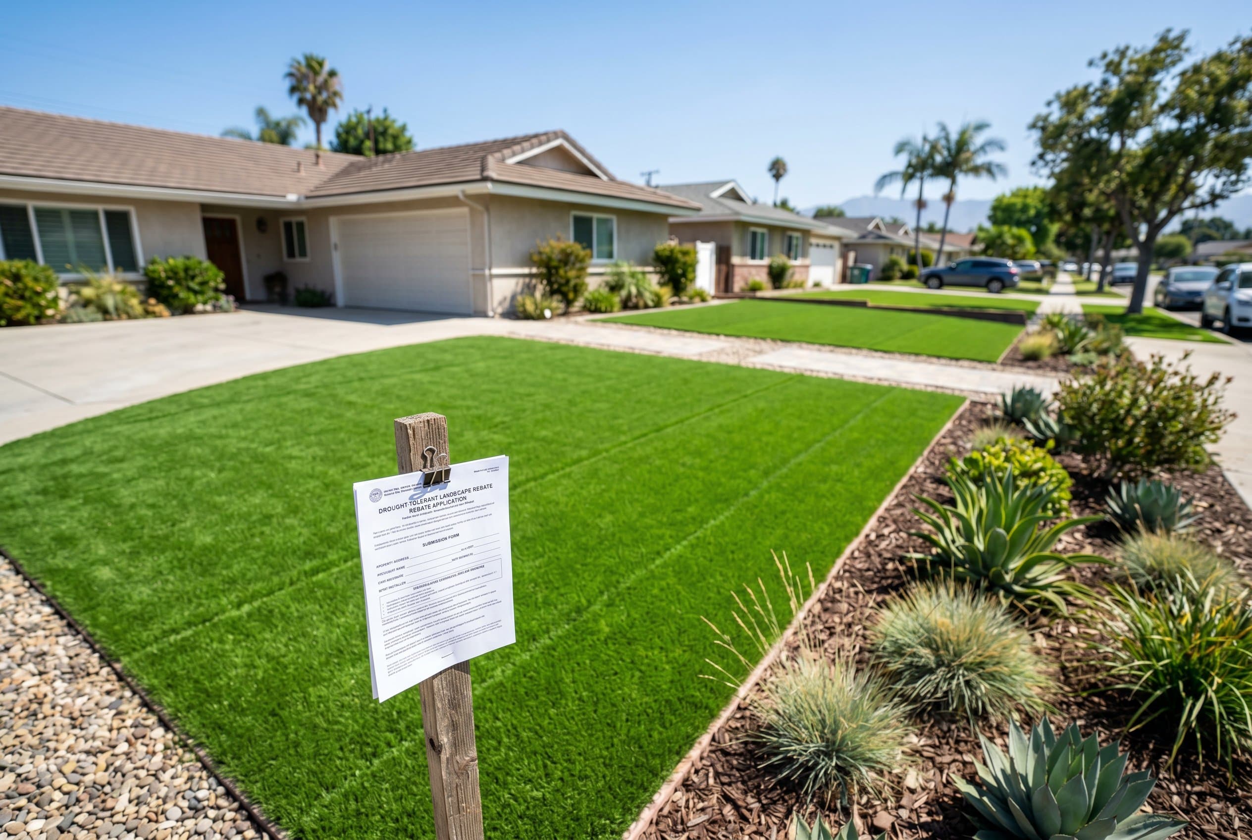 Green artificial turf lawn with California rebate information displayed