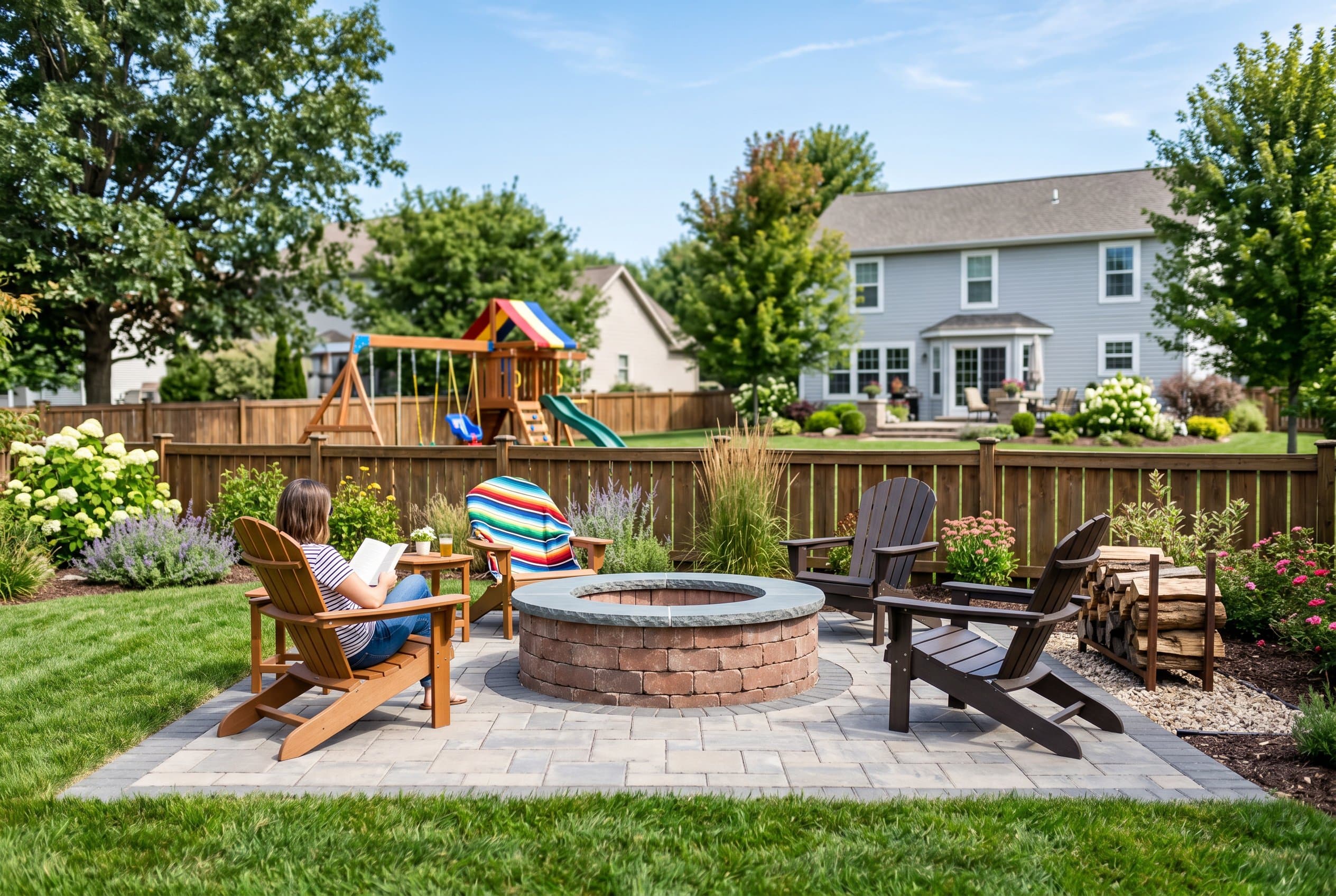 Modern backyard fire pit with stone surround on residential patio