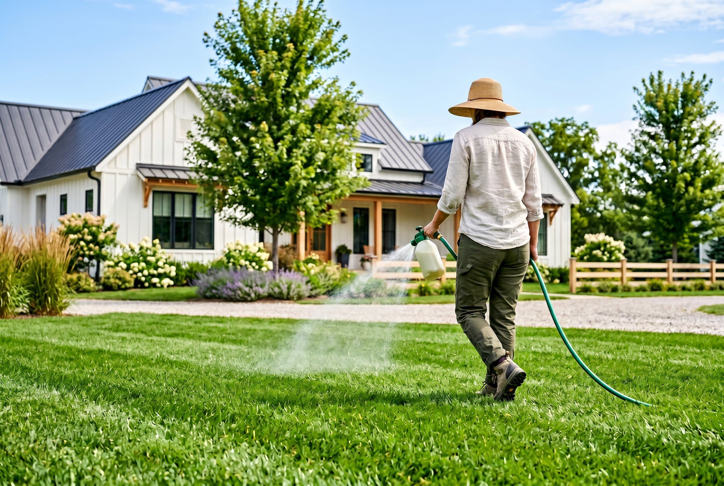A person using a hose-end sprayer to apply a biological treatment across a lush green residential lawn.