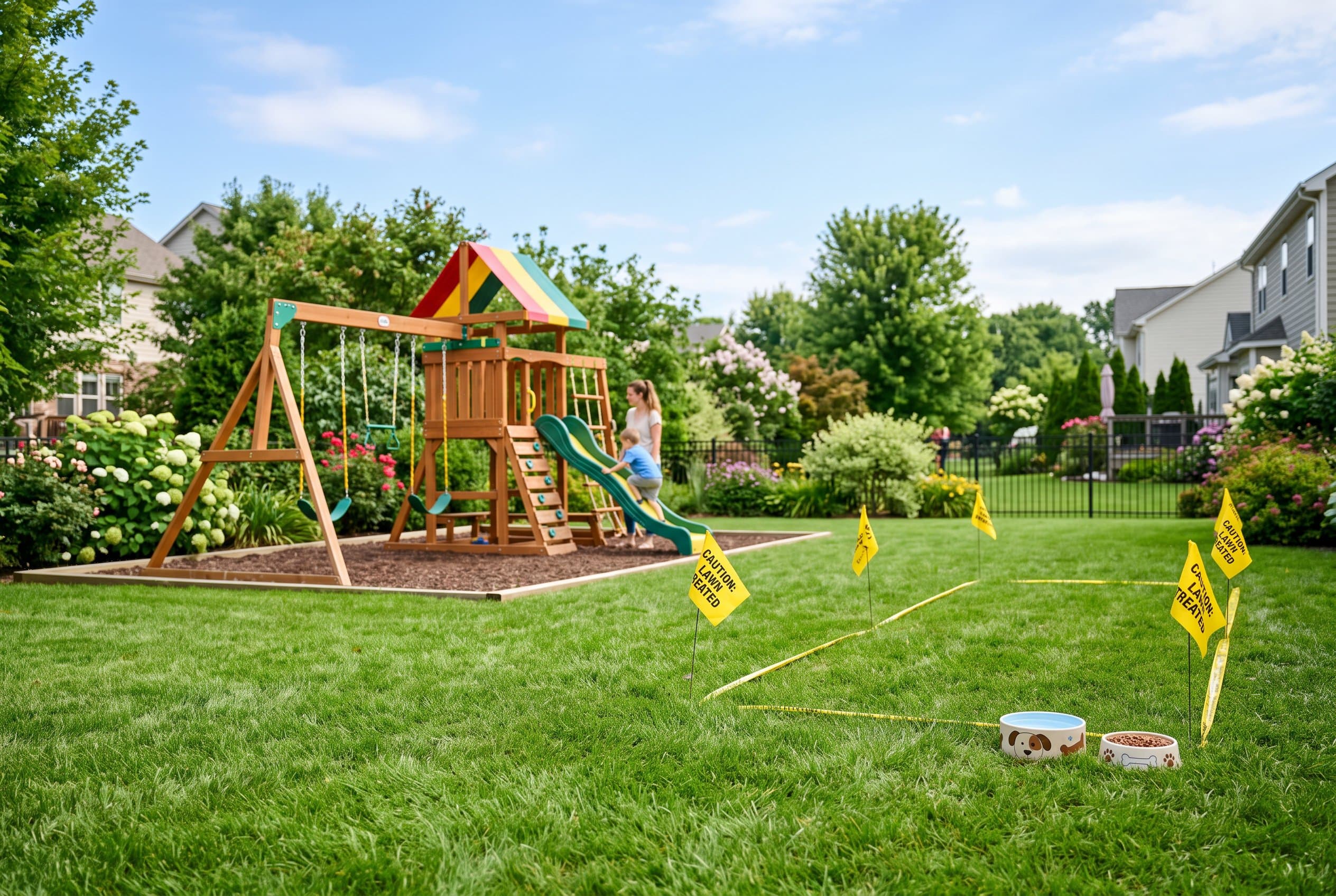 Backyard lawn marked with yellow "caution: lawn treated" flags near a play set, with pet food and water bowls kept off the grass until it dries