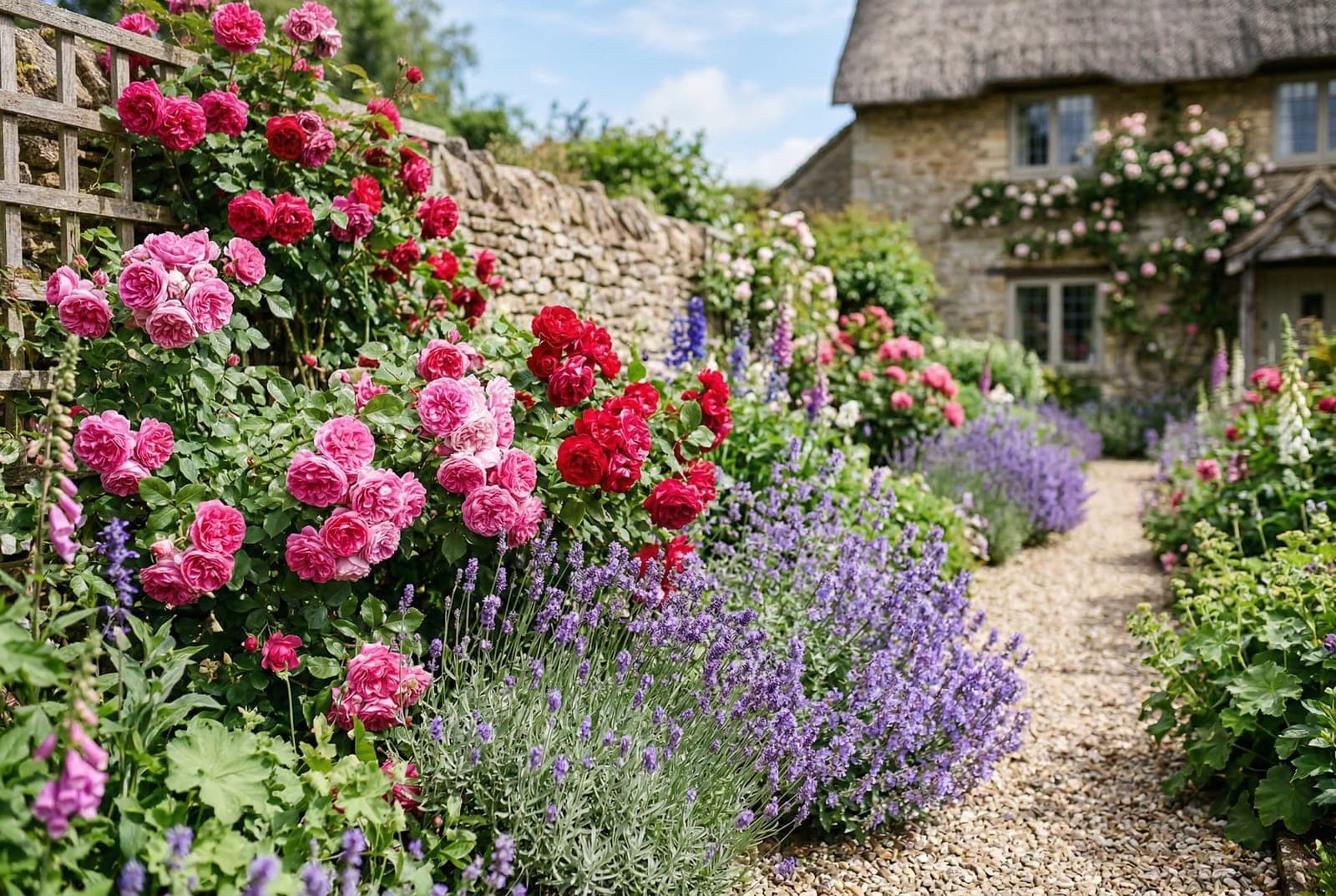 A vibrant garden bed with pink roses surrounded by lavender, catmint, and purple alliums in full bloom