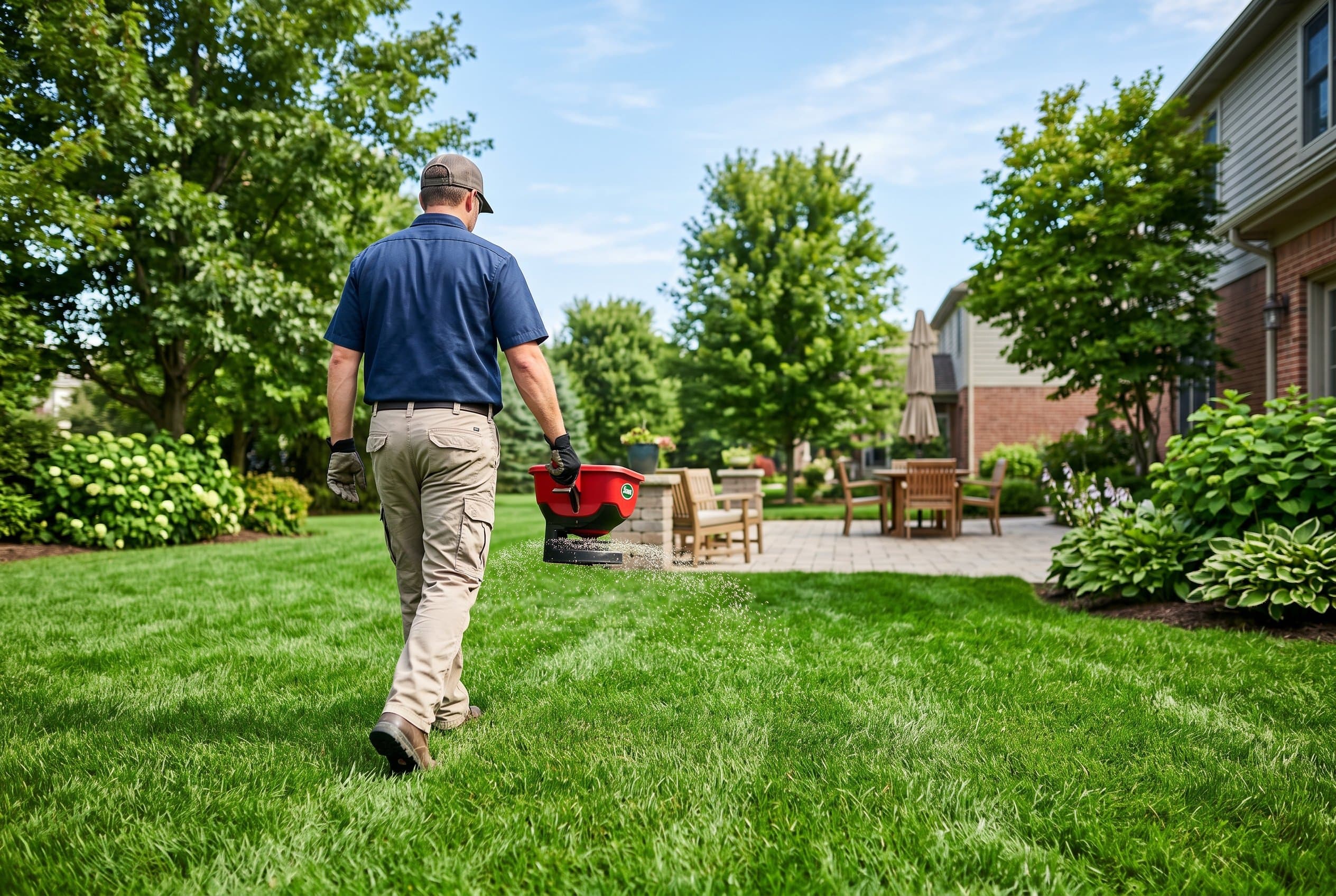 A homeowner spreading granular grub killer with a handheld spreader across a thick green backyard lawn.