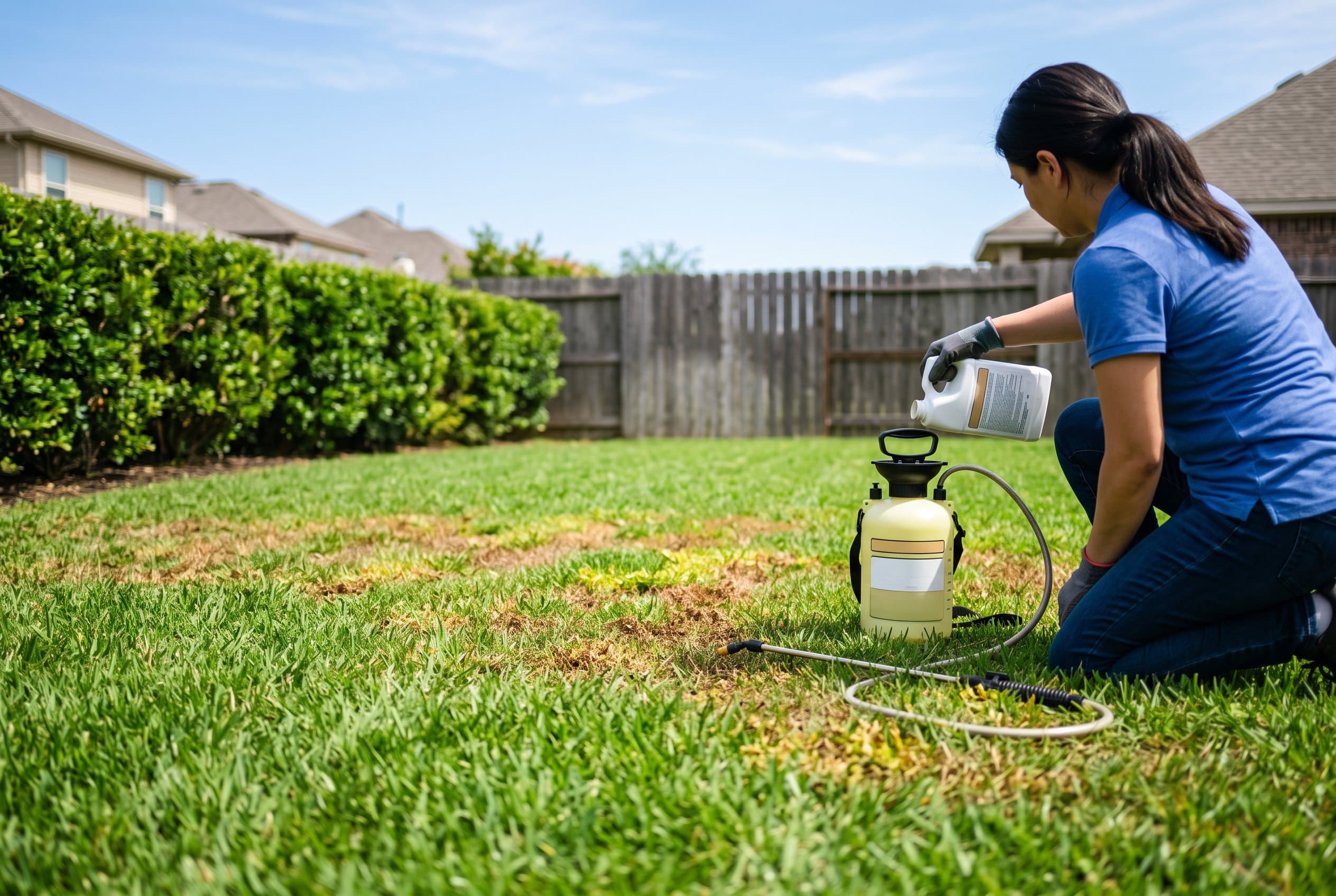 Homeowner applying liquid fungicide to a green lawn with a pump sprayer on a warm summer morning.