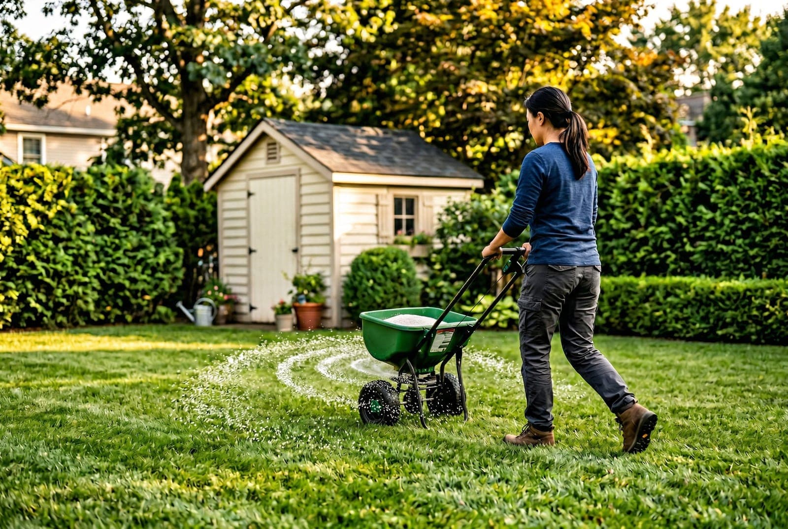 Broadcast spreader applying granular fertilizer to lawn