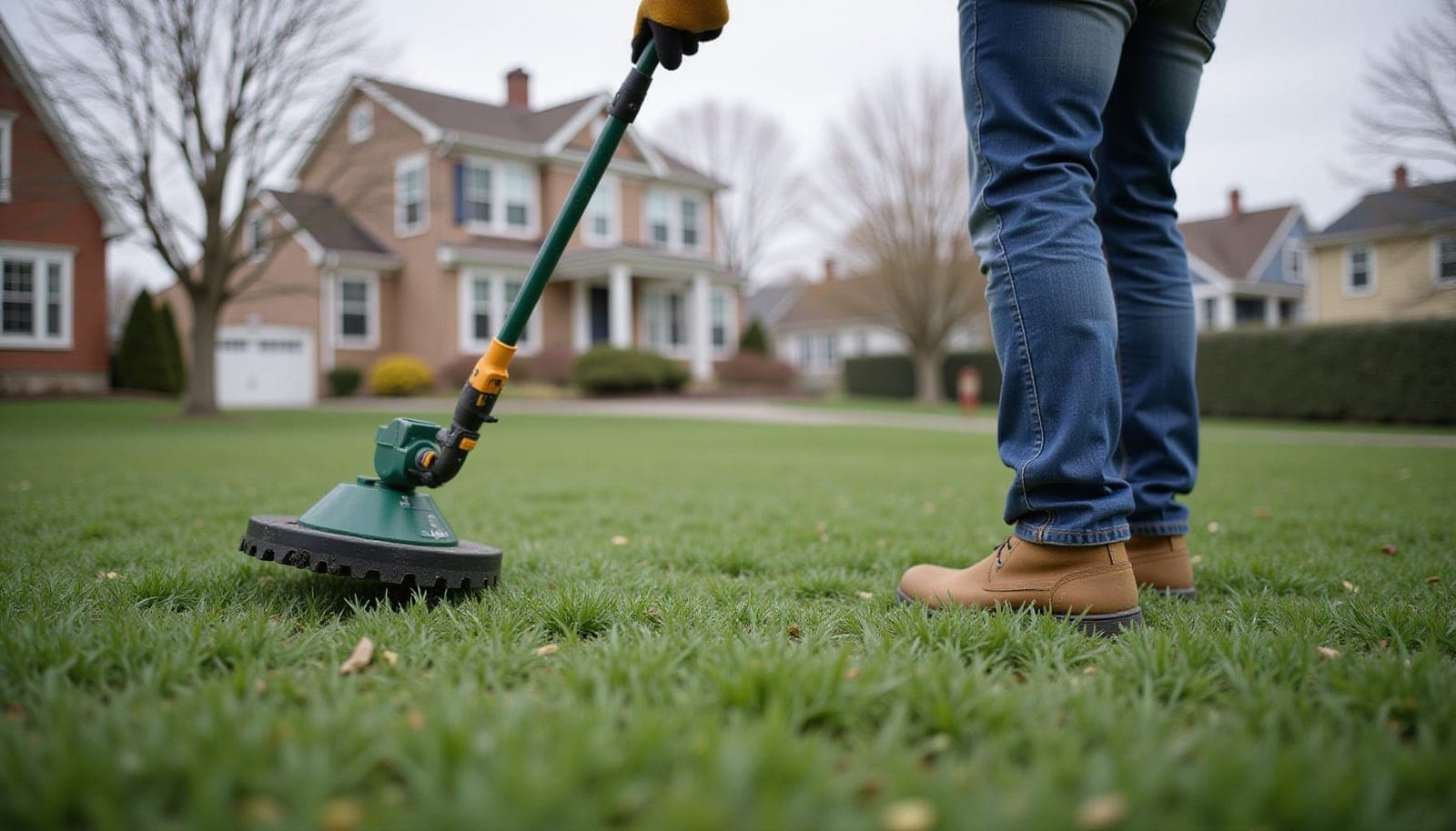 Homeowner treating a green front lawn with a long-handled applicator in a suburban neighborhood