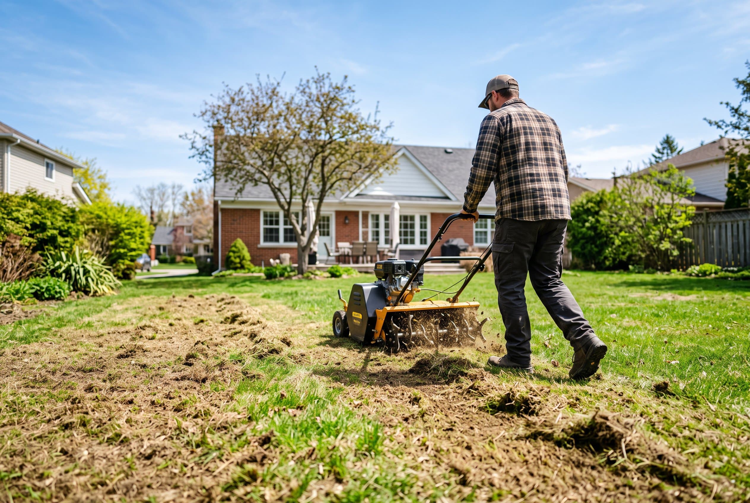 Professional dethatching equipment removing dead grass from healthy lawn during spring season