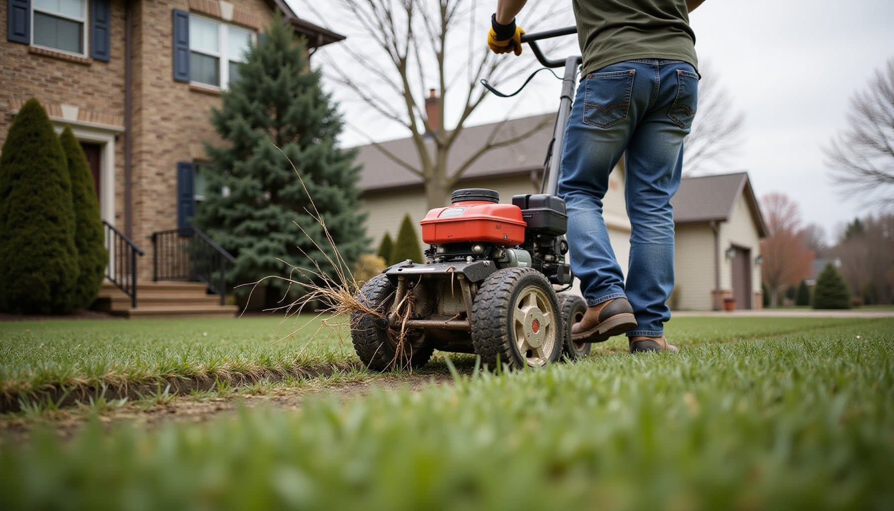 Professional photograph of best time to dethatch lawn - residential lawn care