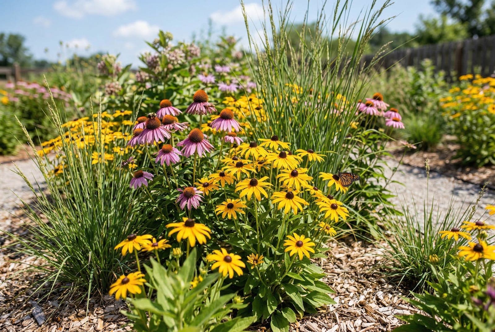 A vibrant garden bed featuring golden black-eyed susans blooming alongside purple coneflowers and ornamental grasses in full sun
