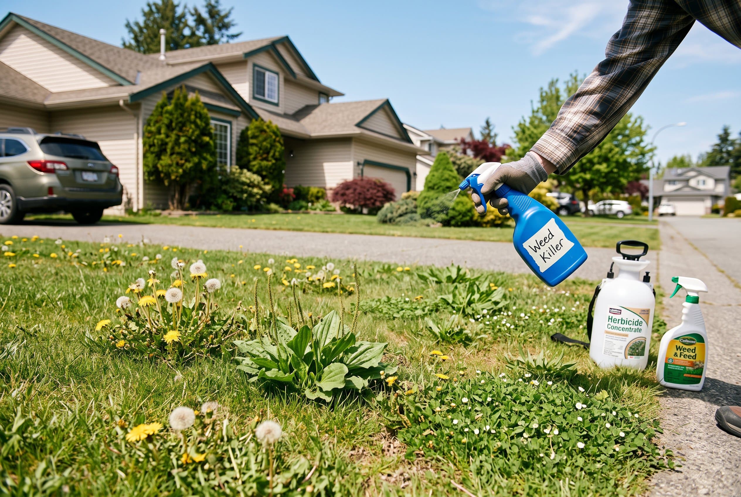 Professional broadleaf weed killer comparison products displayed on green lawn background