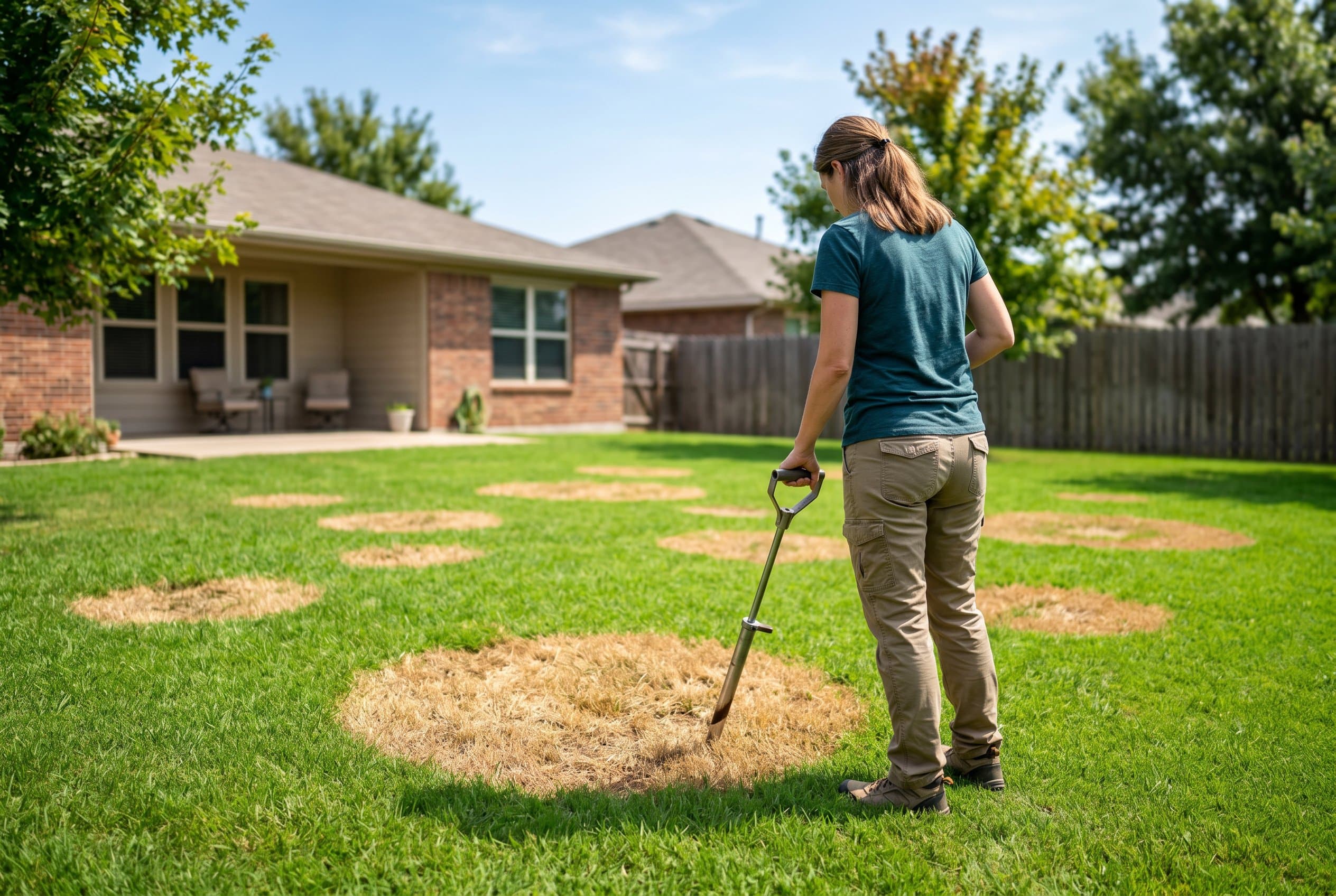 Brown patch lawn disease treatment showing infected grass with brown circular patches in residential yard
