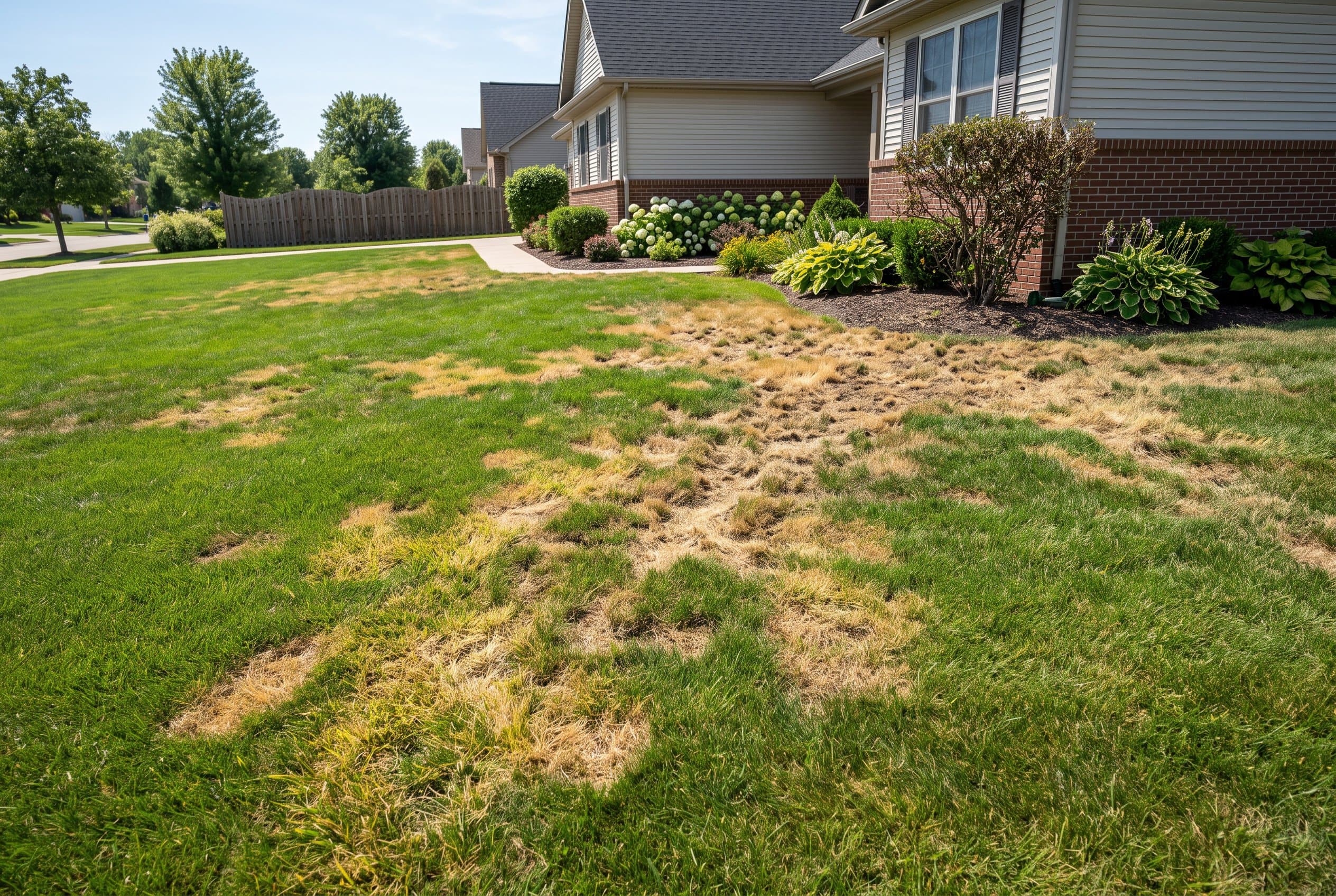 Lawn showing brown patch damage caused by chinch bug infestation in grass