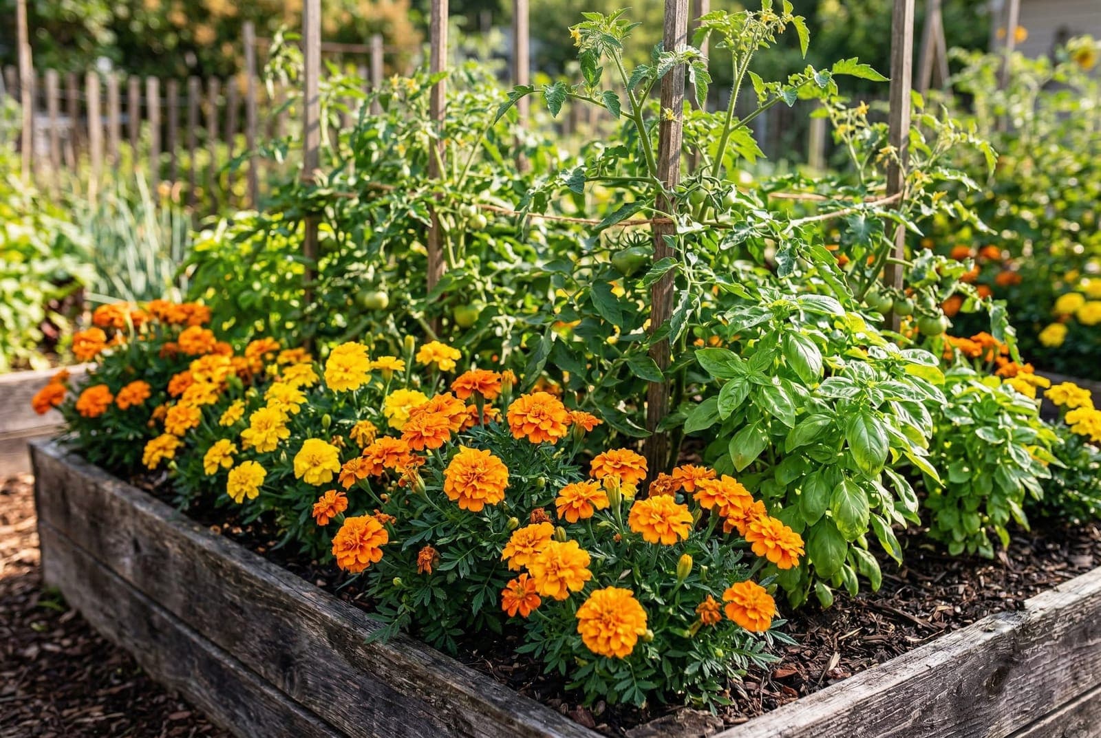 Bright orange and yellow marigolds growing alongside tomato plants and basil in a sunny raised garden bed
