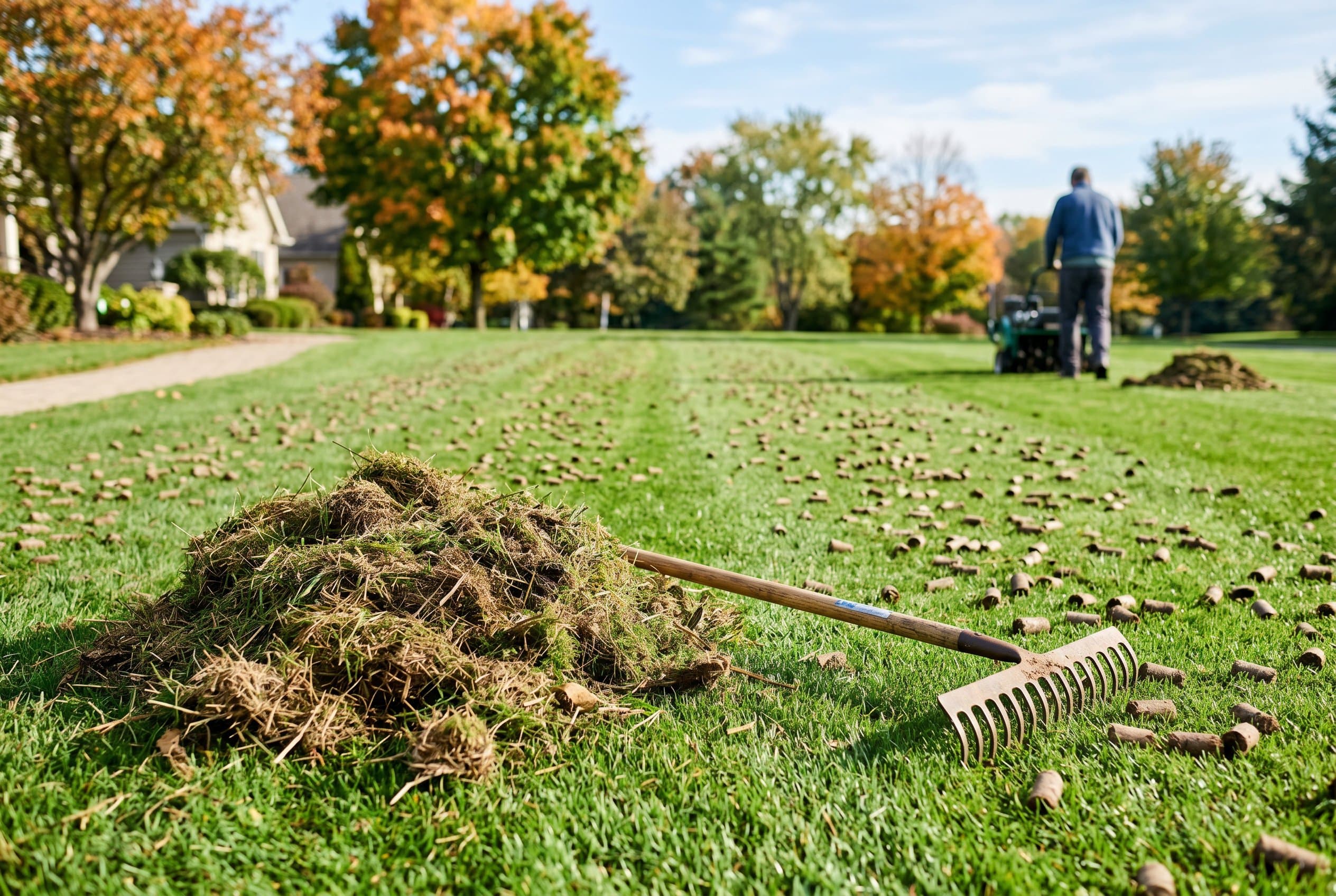 Pile of raked-out brown thatch and a rake on a green lawn scattered with soil plugs from core aeration
