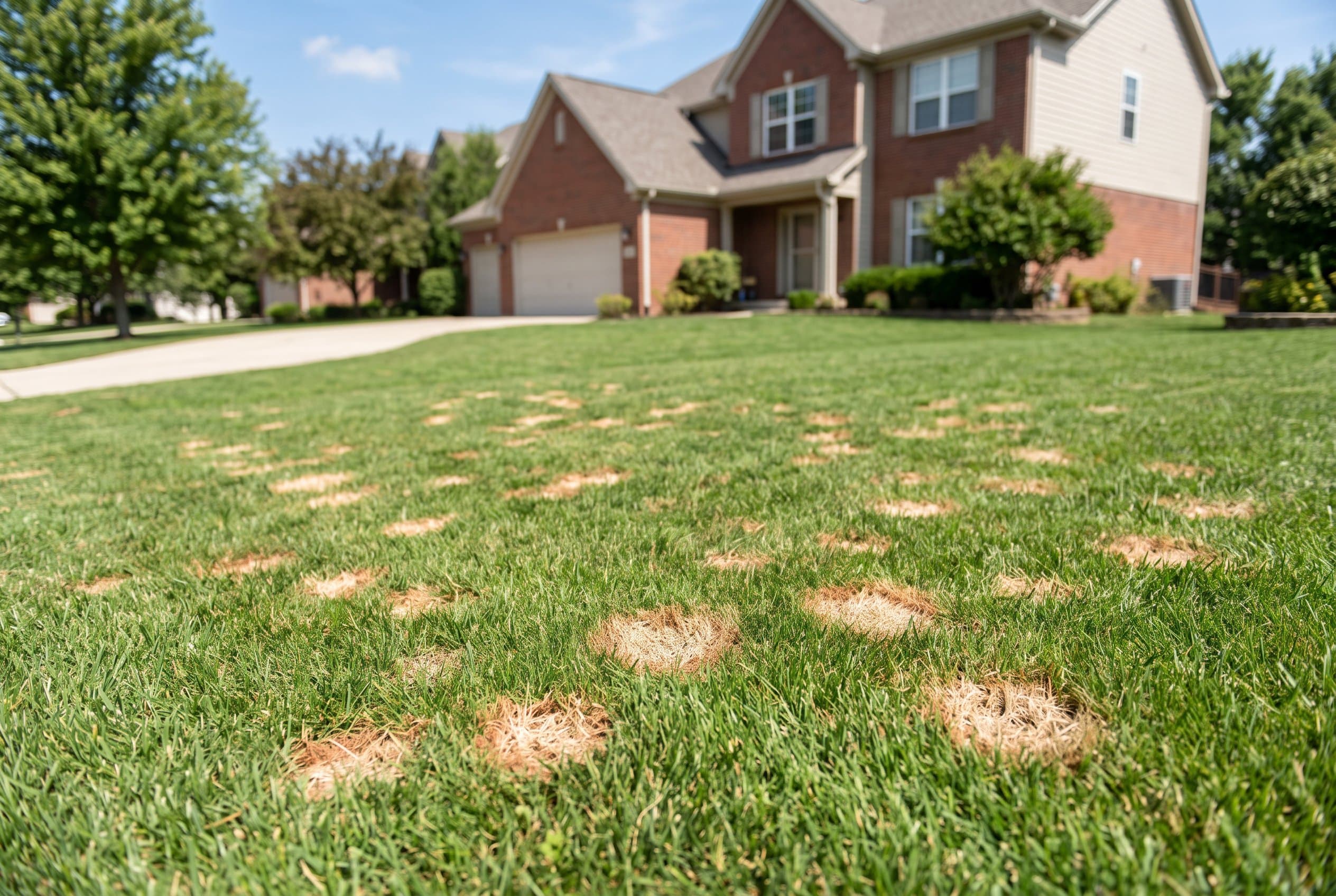 Close-up of dollar spot lawn disease showing brown circular patches on green grass