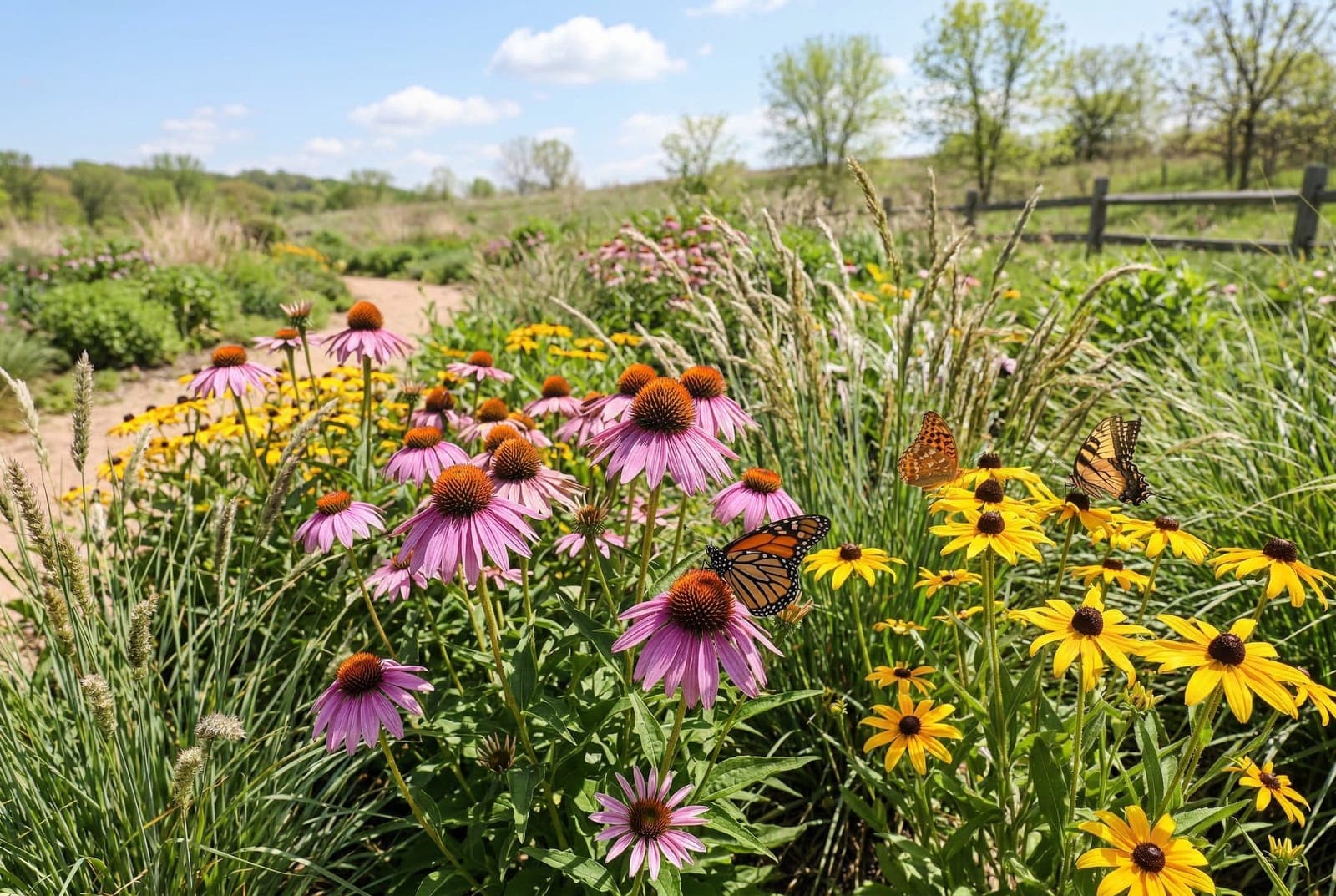 A garden bed of purple echinacea coneflowers blooming alongside golden black-eyed susans and ornamental grasses in full summer sun
