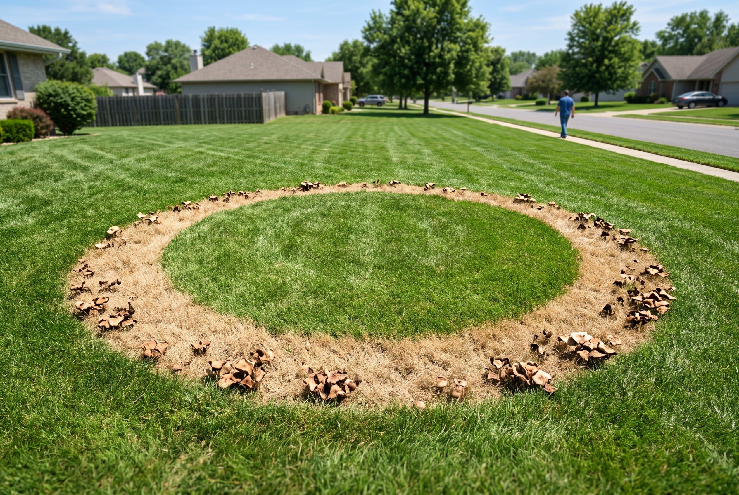 Fairy ring lawn treatment showing circular brown patch removal in green grass yard