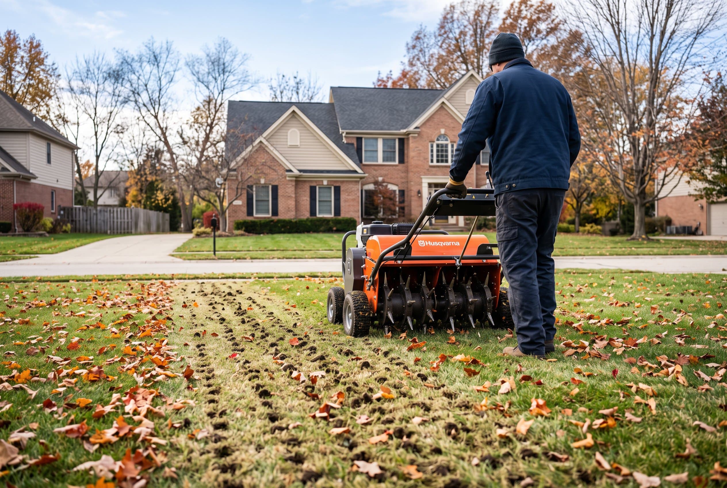 Professional landscaper aerating fall lawn with machine to improve soil health