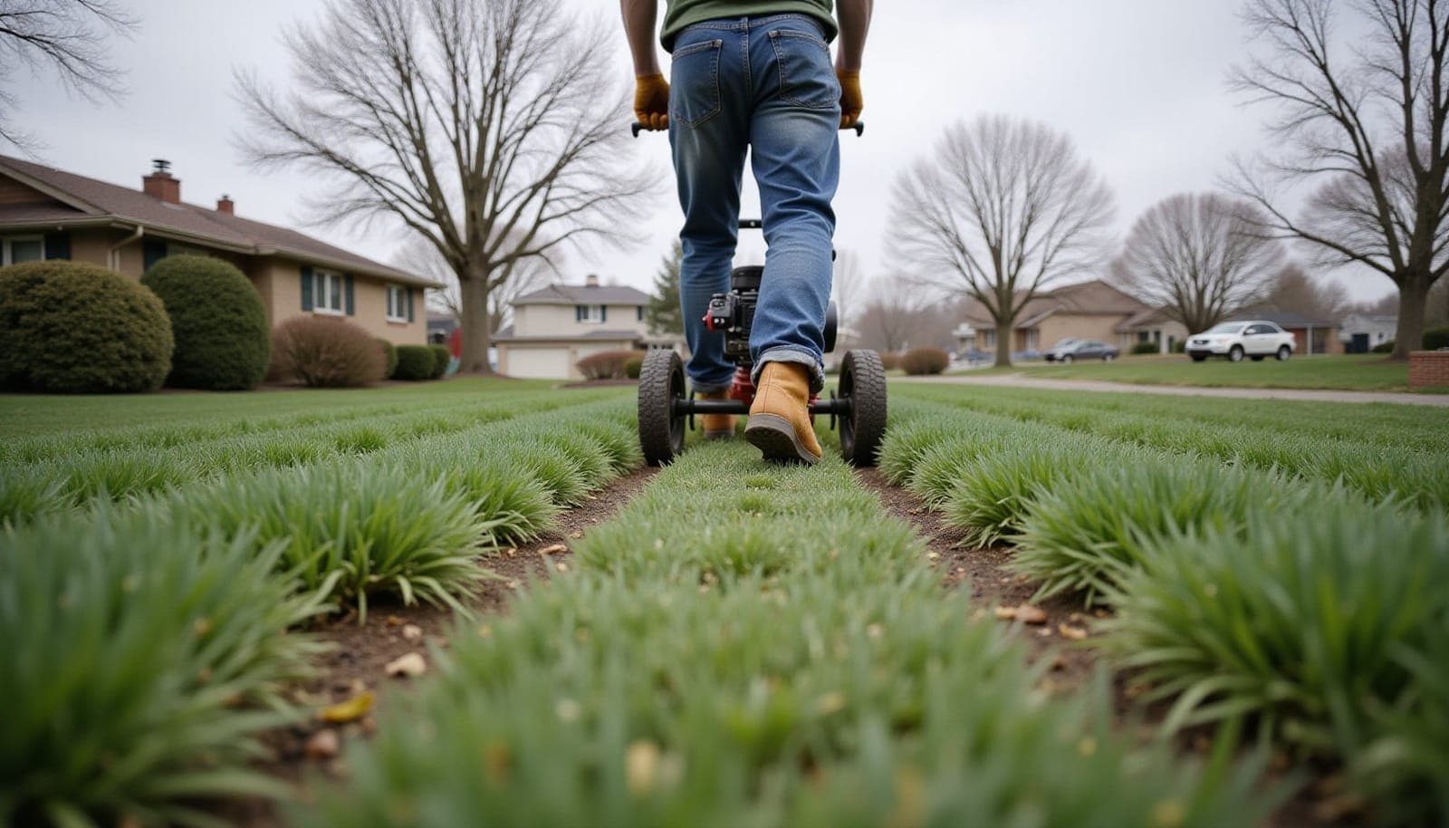 Professional photograph of fall lawn aeration timing - residential lawn care