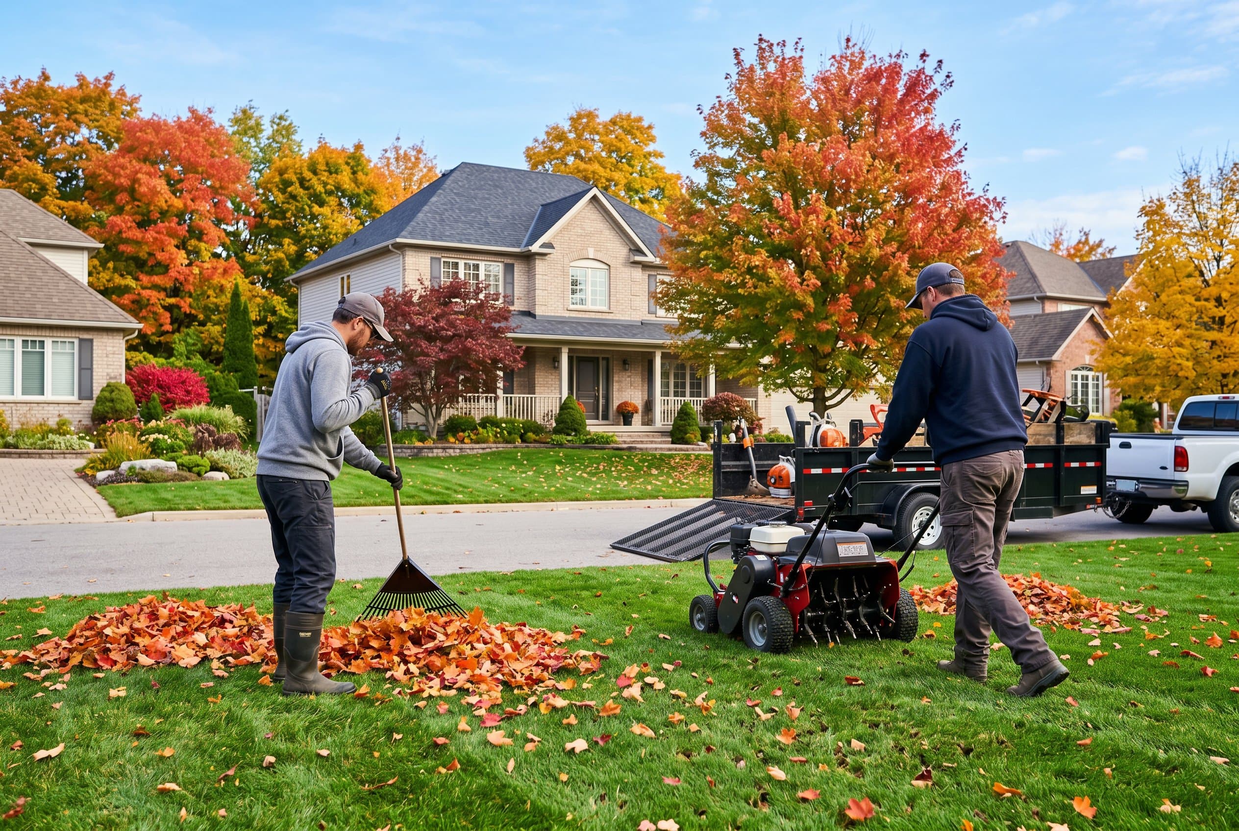 Two-person lawn crew raking leaves and running a core aerator on a front lawn beneath colorful autumn trees