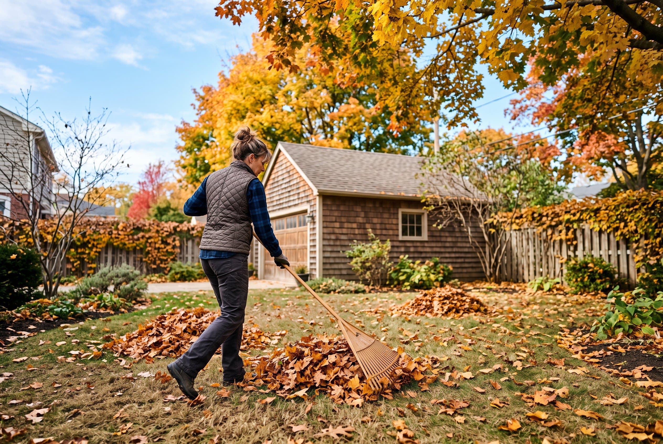 Well-maintained fall lawn with raked leaves and green grass during autumn season