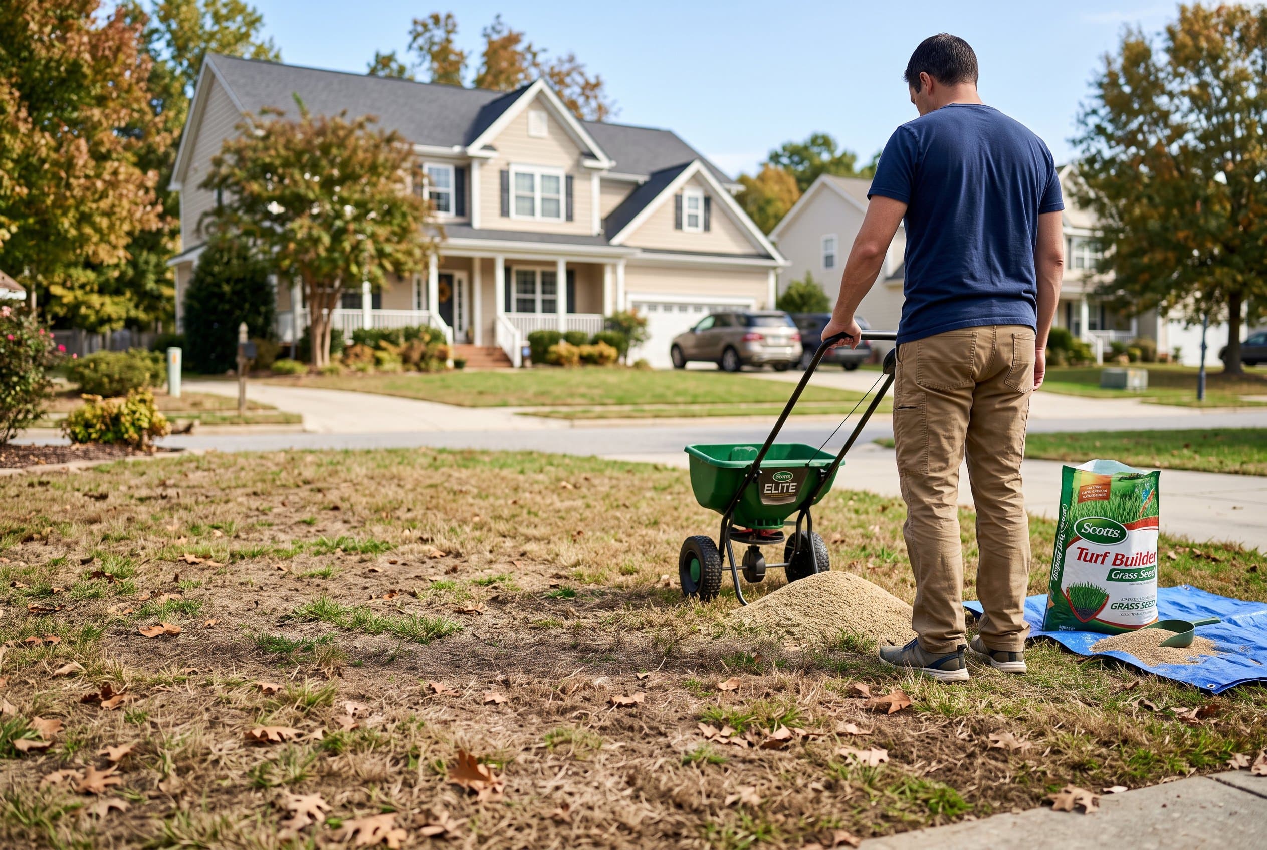 Professional landscaper overseeding fall lawn with grass seed spreader