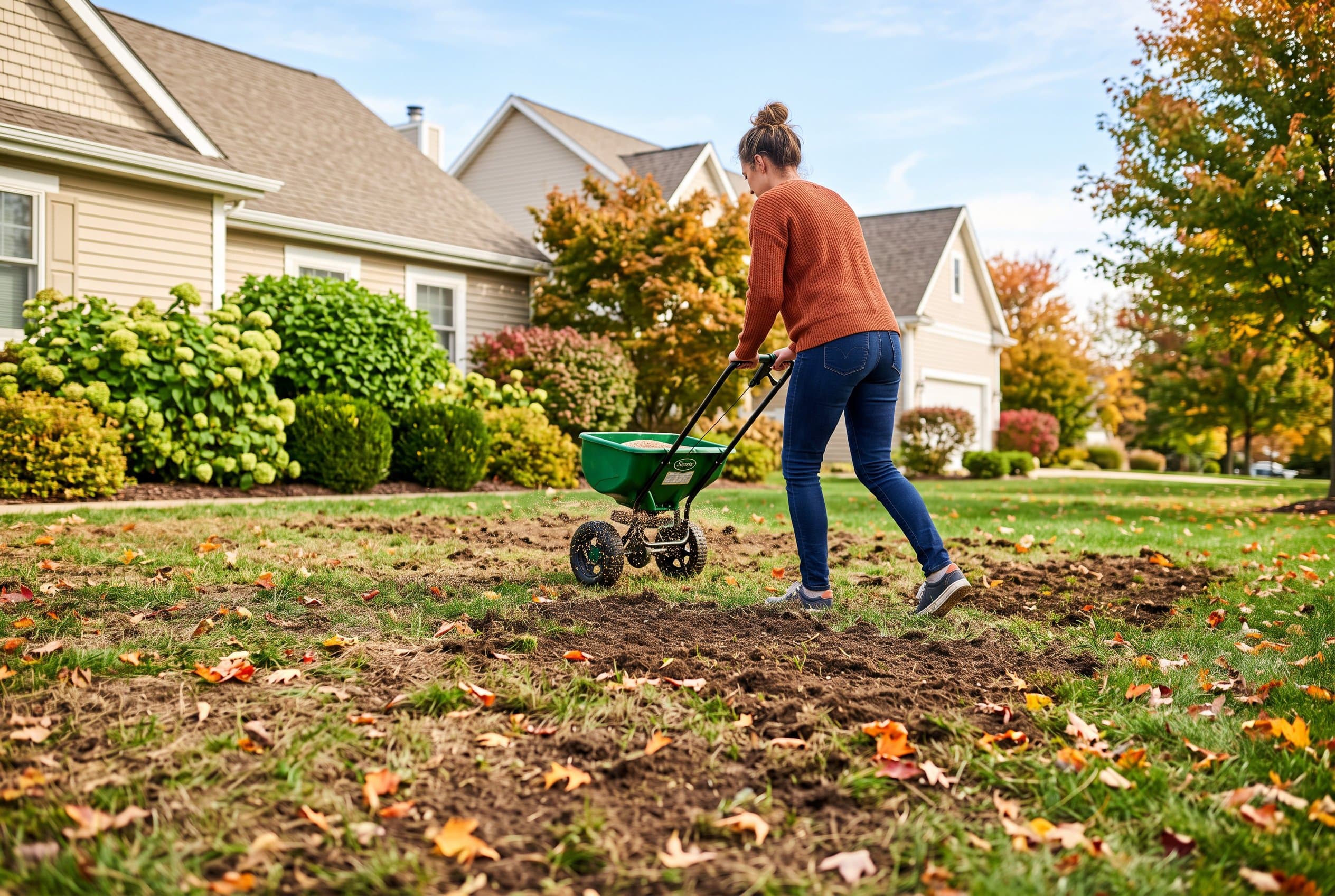 Professional landscaper spreading grass seed over lawn during fall overseeding process