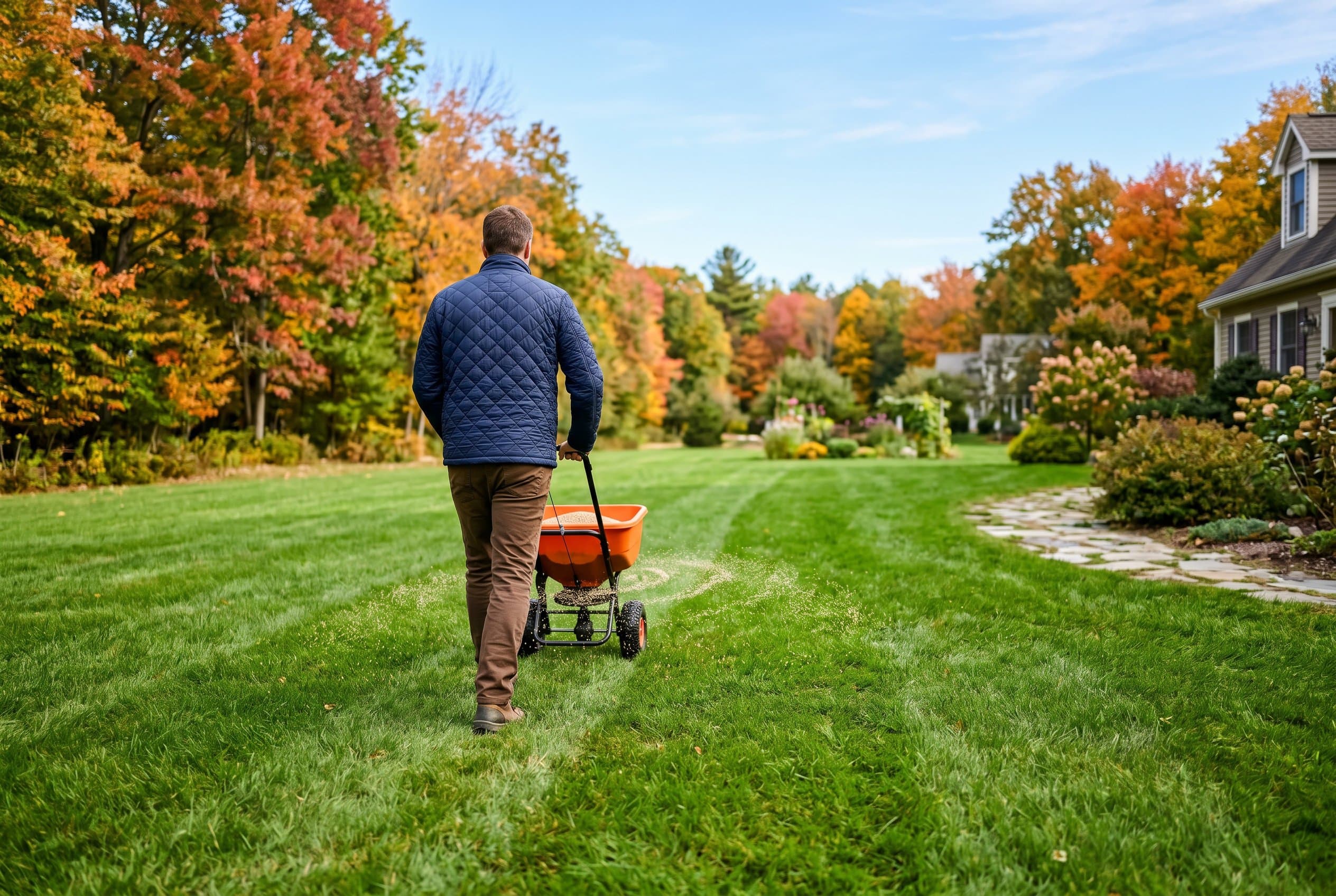 Homeowner pushing a broadcast spreader applying granular pre-emergent across a green lawn edged by colorful fall trees