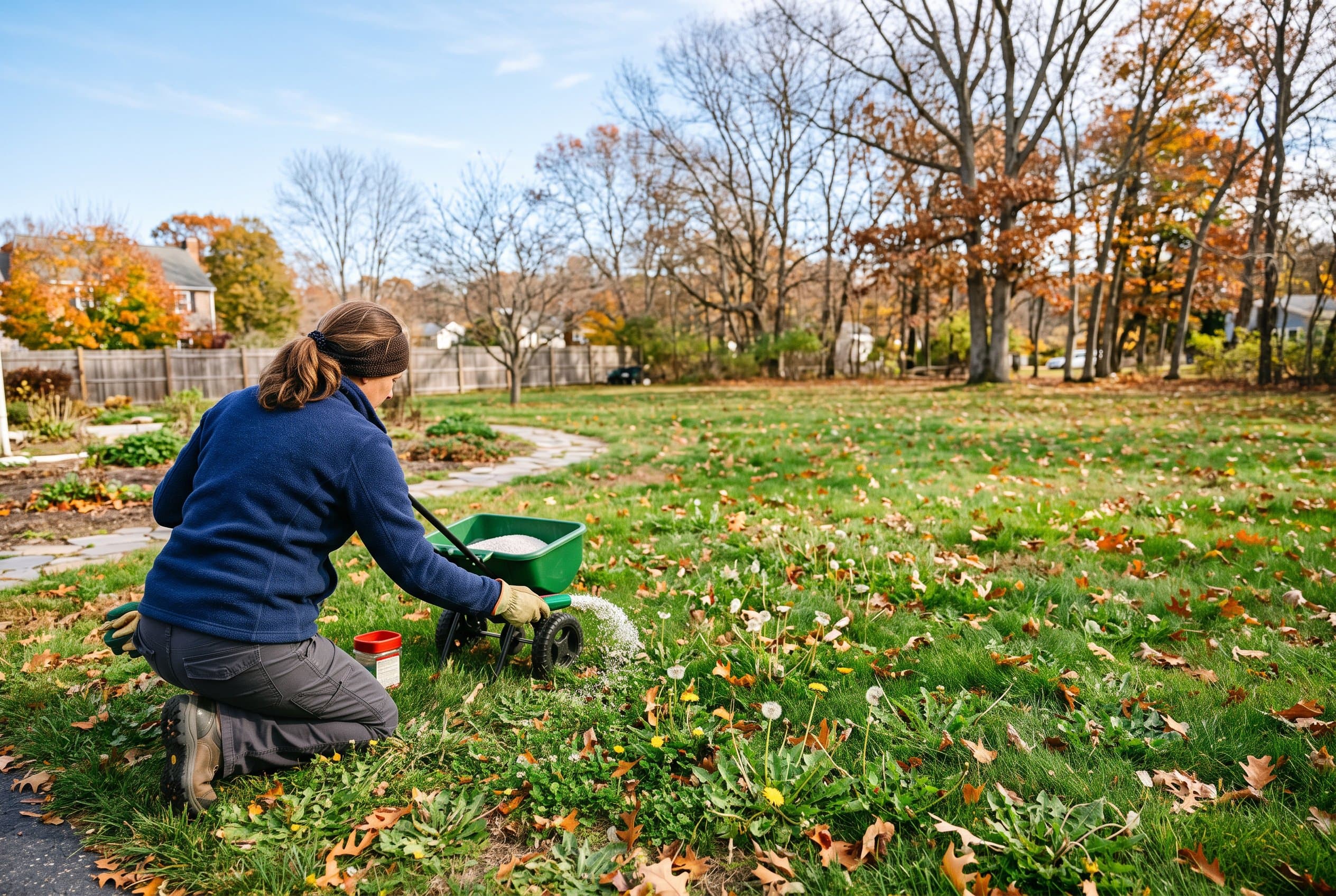 Professional gardener applying fall weed control strategy to residential lawn