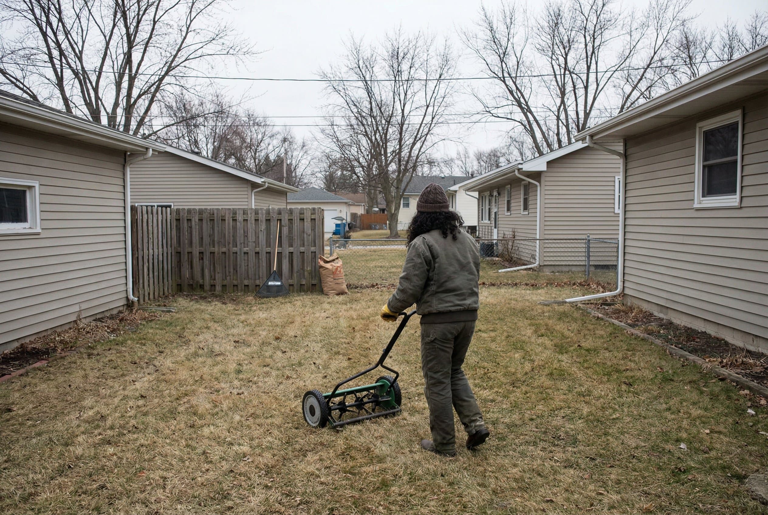 Professional landscaper repairing dead grass patches with fresh soil and new grass seed in a residential lawn