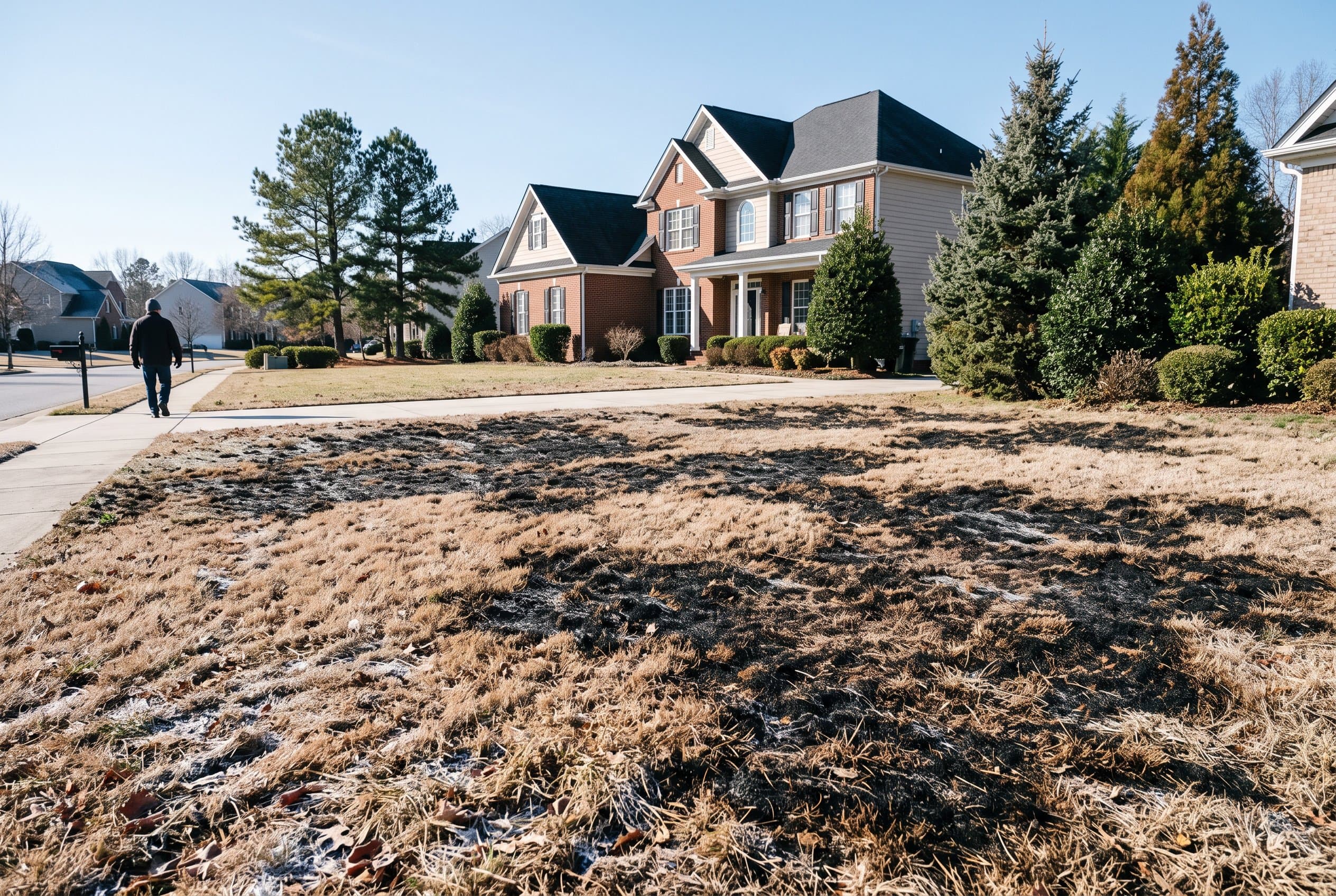 Frost-damaged lawn showing brown patchy grass areas needing recovery treatment