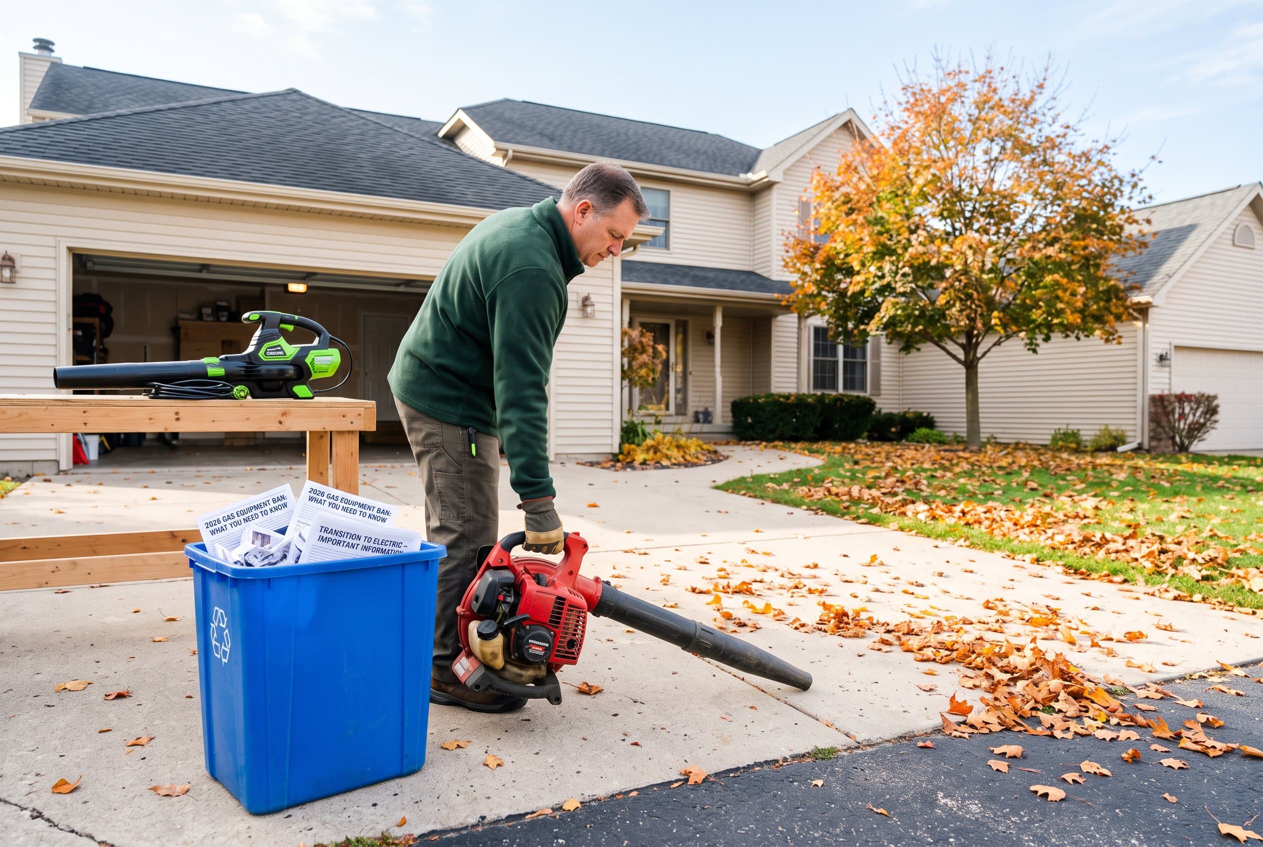 Professional landscaper operating gas leaf blower on residential lawn with fall leaves scattered