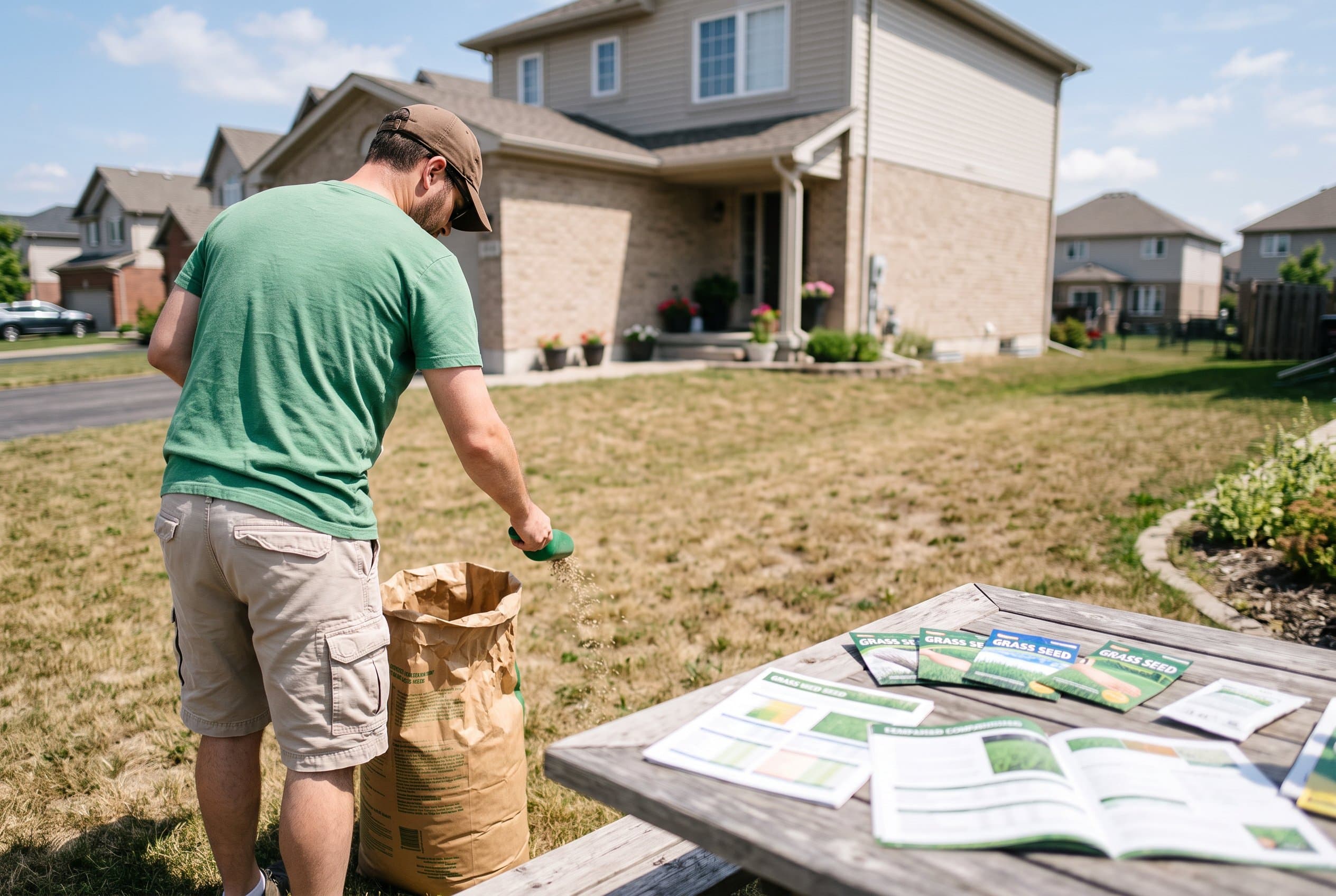 Professional lawn care specialist spreading grass seed on prepared soil in spring