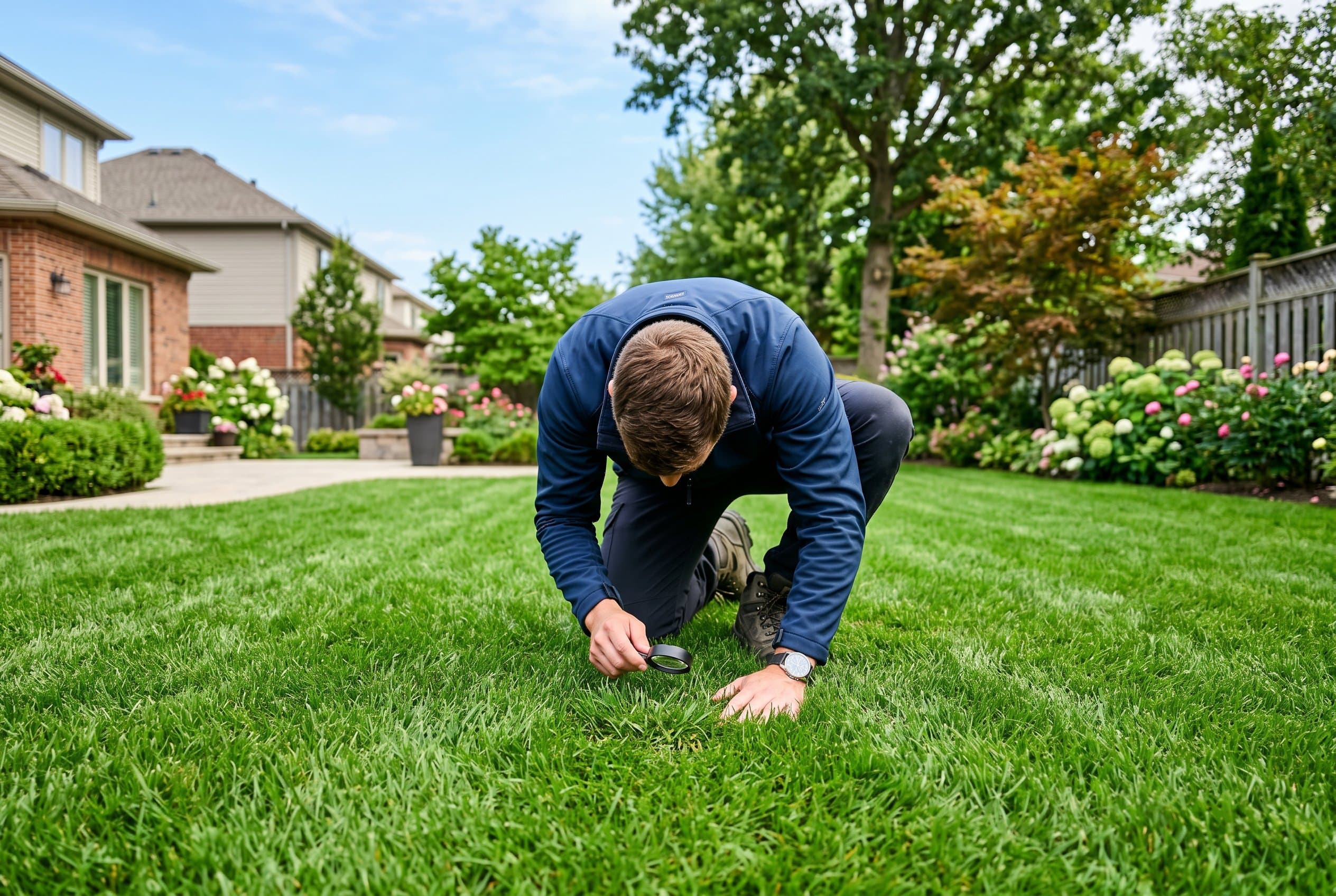 A person kneeling to inspect a patch of green lawn with a hand lens, diagnosing turf health.