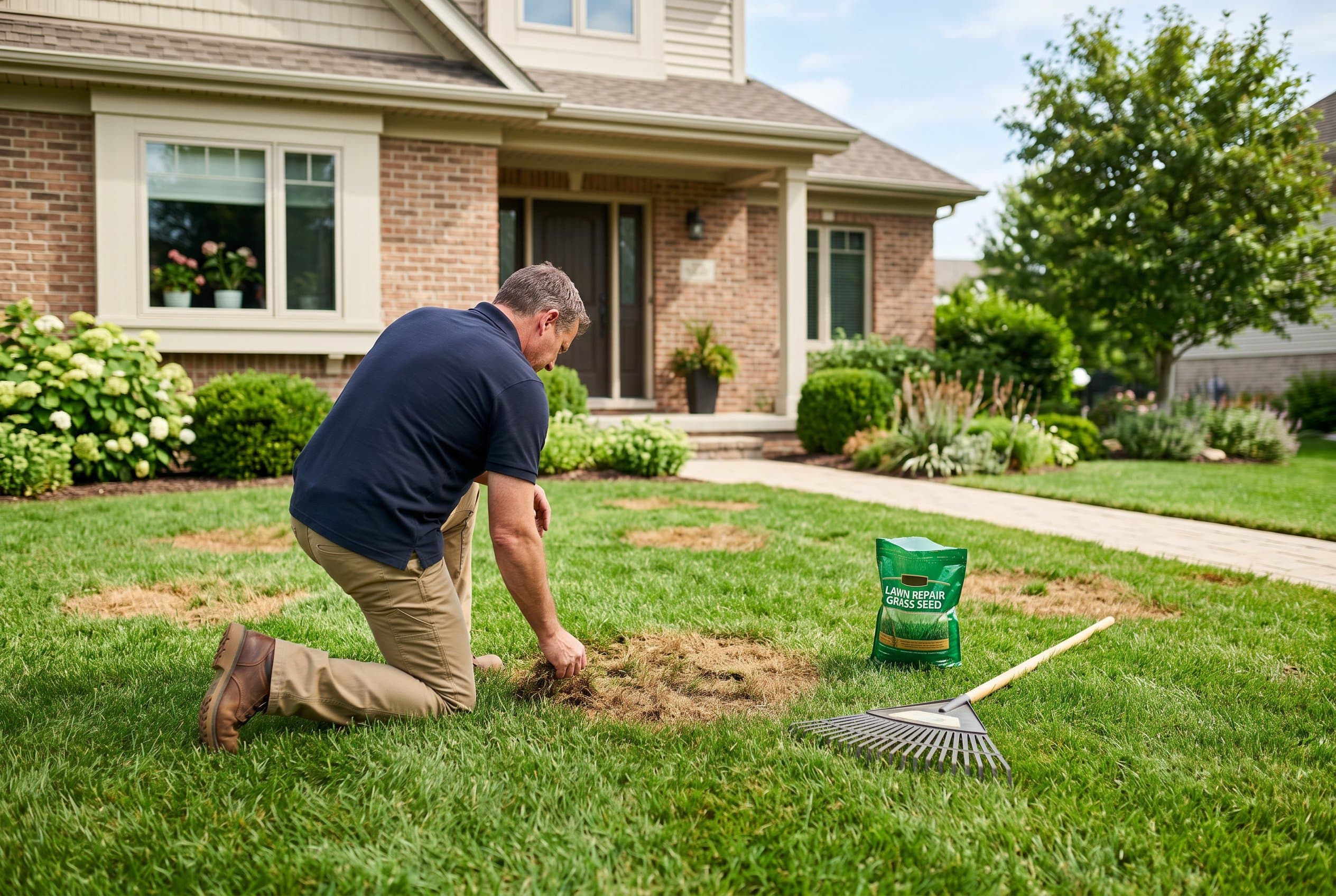 Homeowner kneeling on a front lawn to inspect a circular brown dead patch, with a rake and bag of grass seed ready for repair