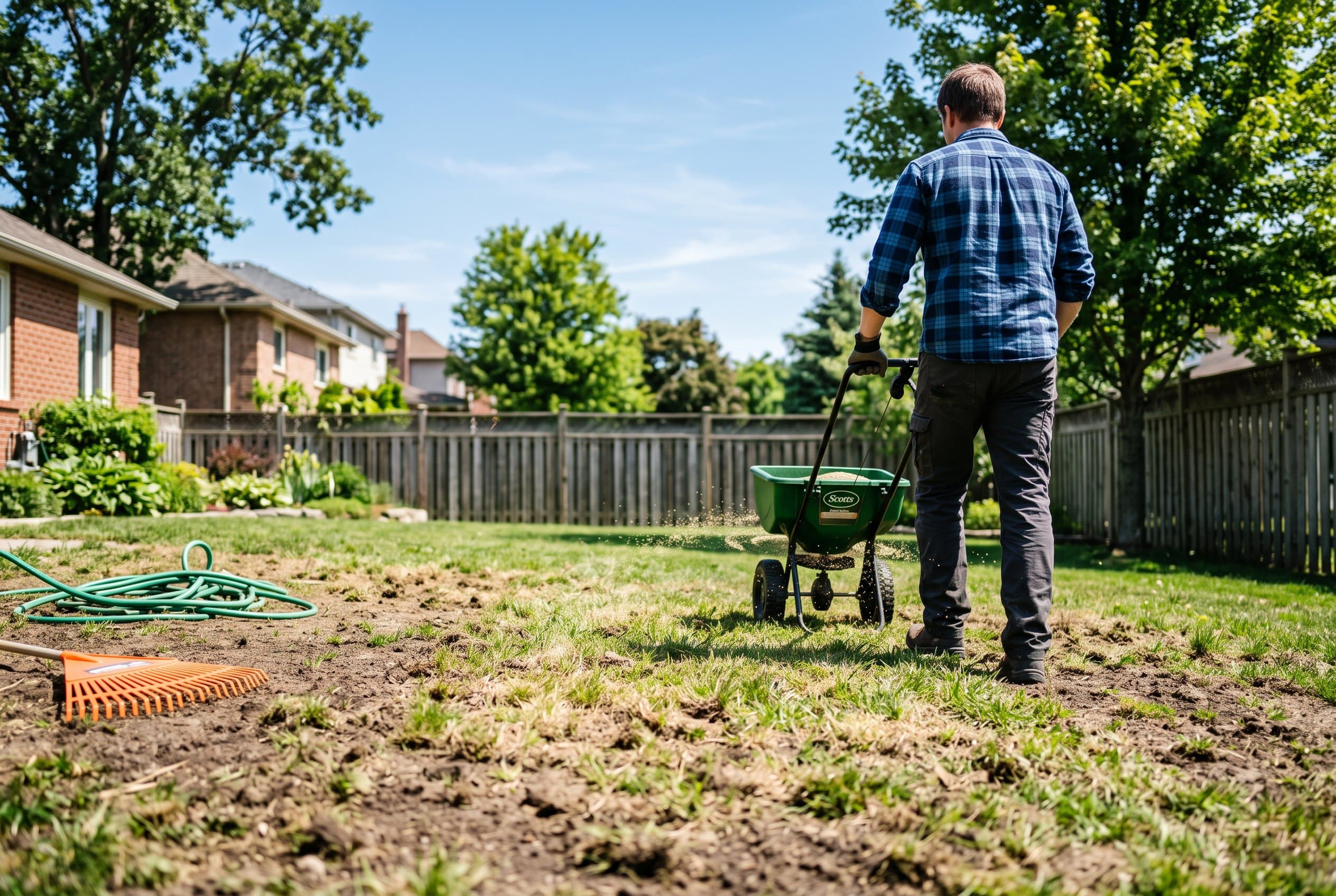 Professional landscaper overseeding lush green lawn with seed spreader