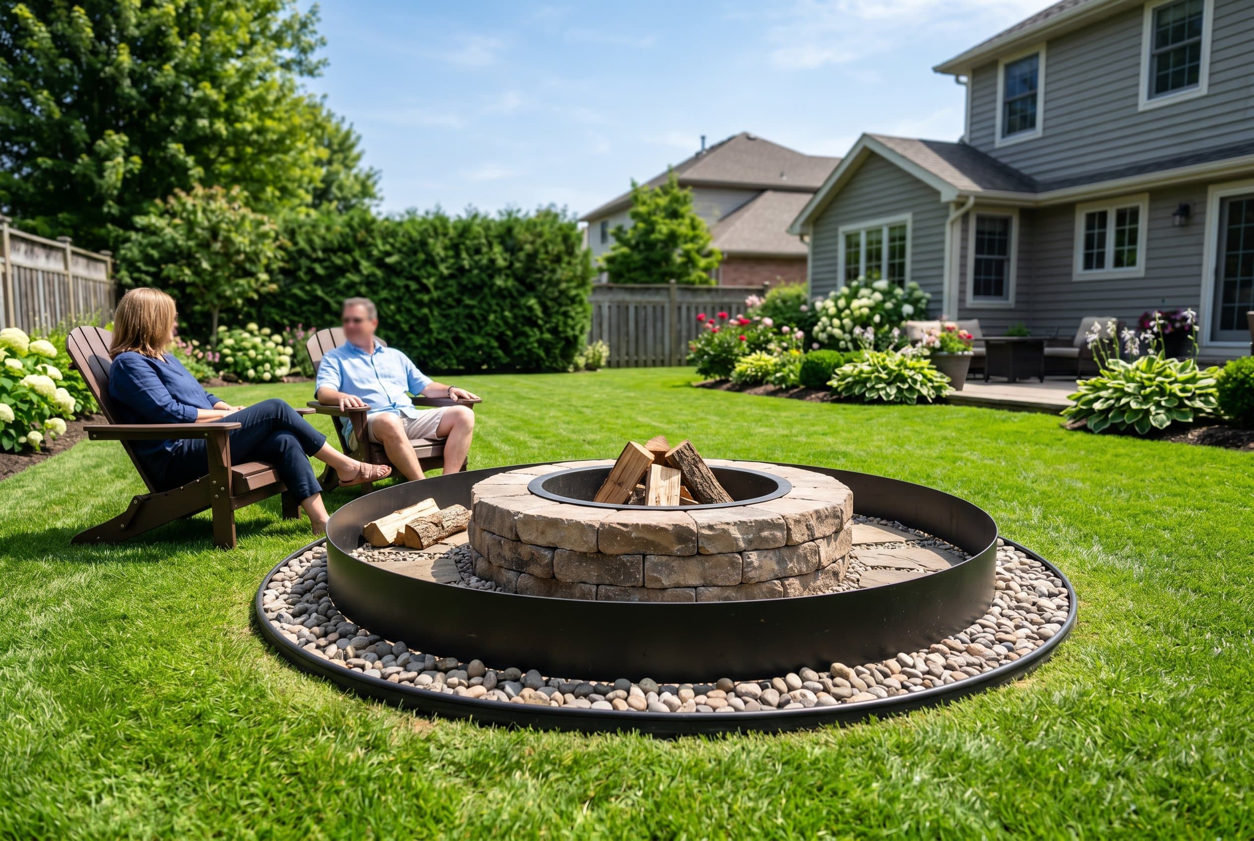 Fire pit safety ring protecting surrounding grass from heat damage and flames