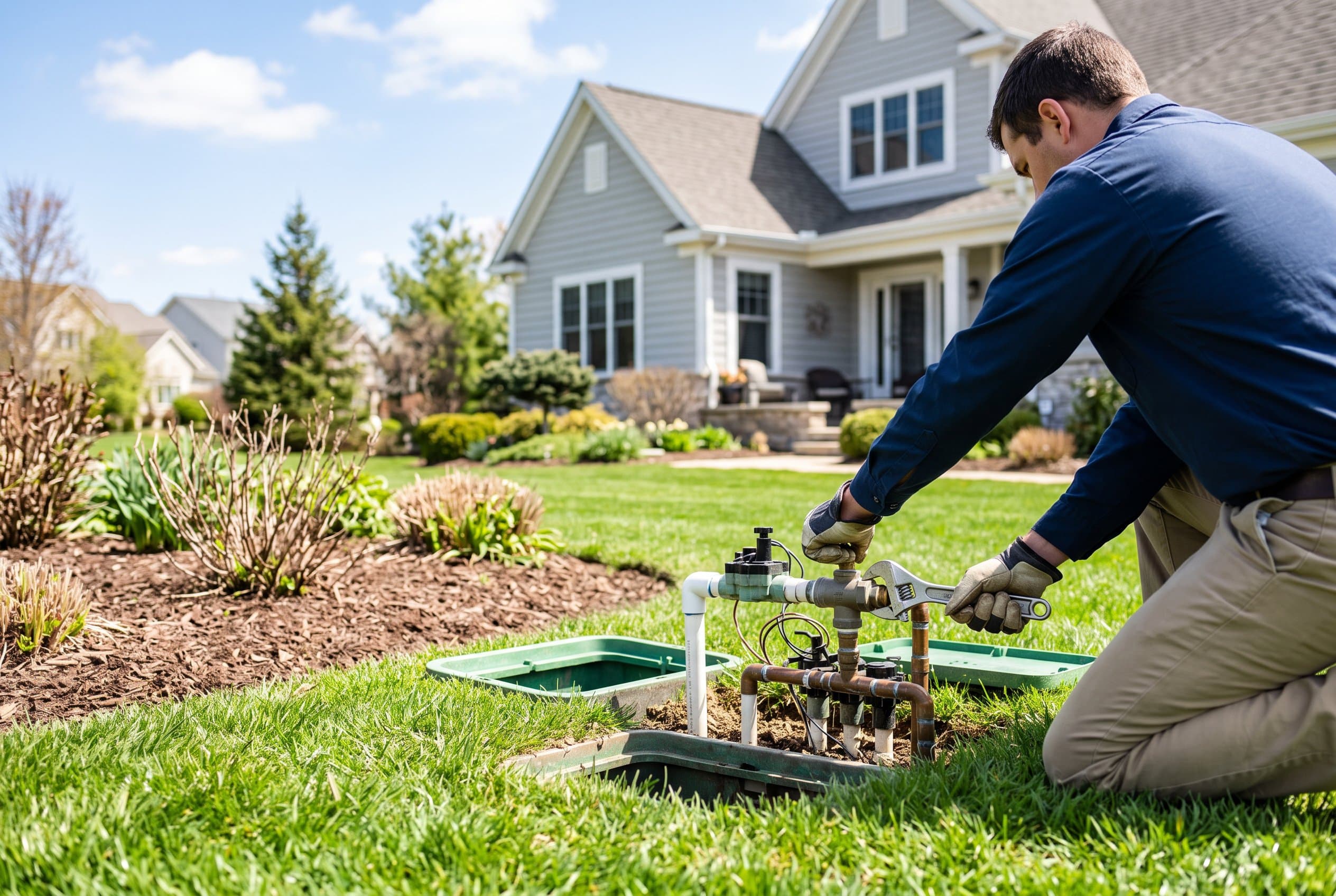 Professional lawn care technician winterizing sprinkler system valve in residential yard