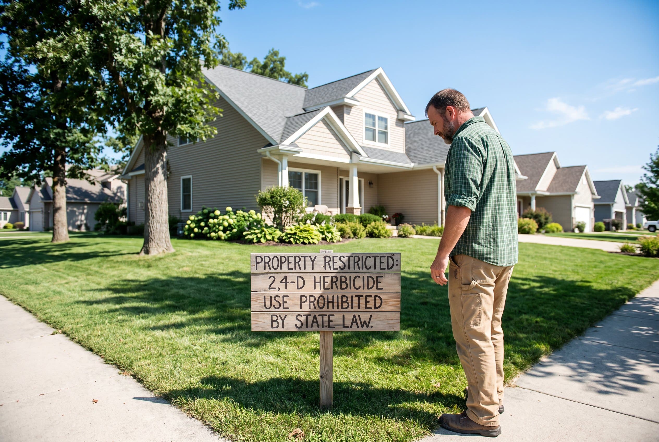 Professional lawn care technician spraying herbicide to check if 2,4-D banned in state