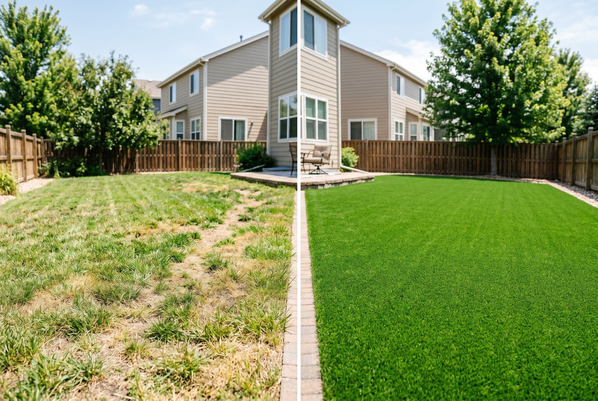 A lush green artificial turf lawn installed in a residential backyard with landscaping
