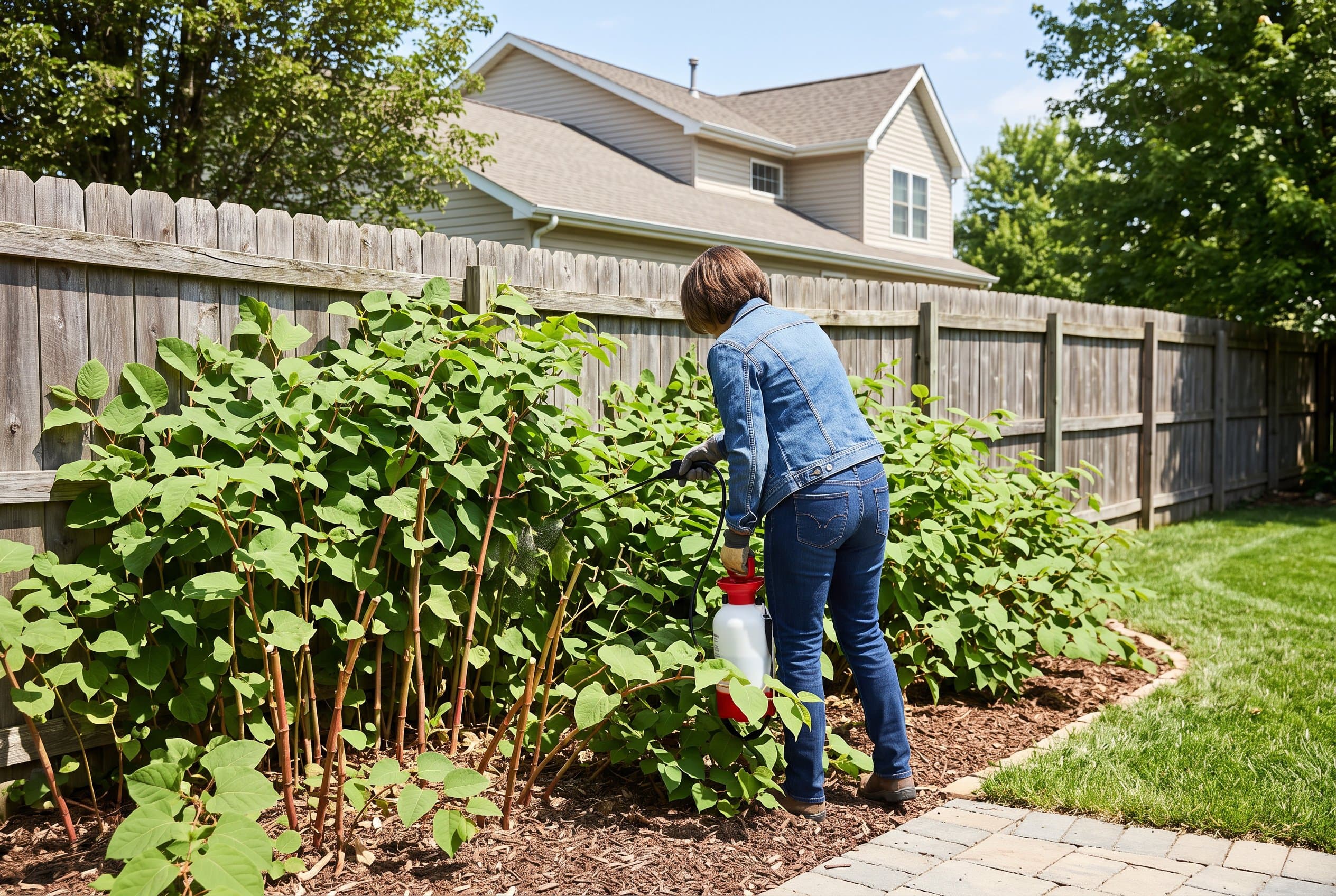 Professional gardener spraying Japanese knotweed killer on invasive plant growth in garden