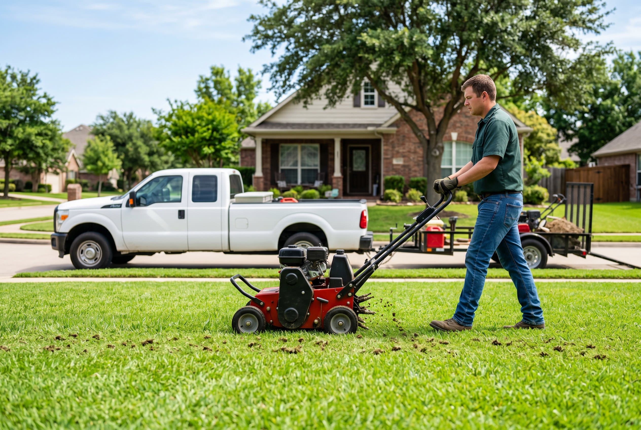 Lawn care pro guiding a walk-behind core aerator across a green front lawn, white work truck and equipment trailer parked at the curb