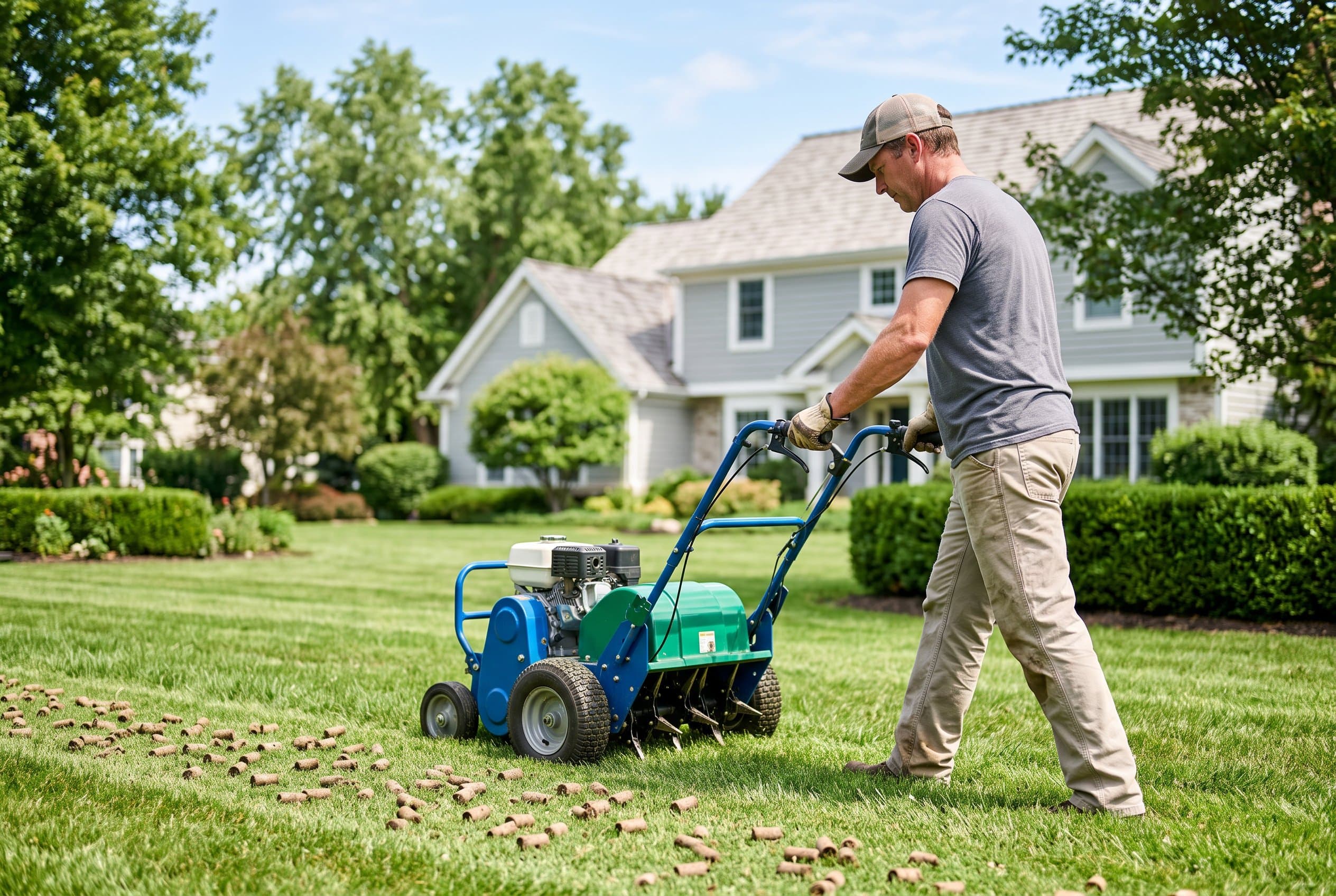 Professional lawn aeration tips demonstration showing aerator machine on healthy green lawn