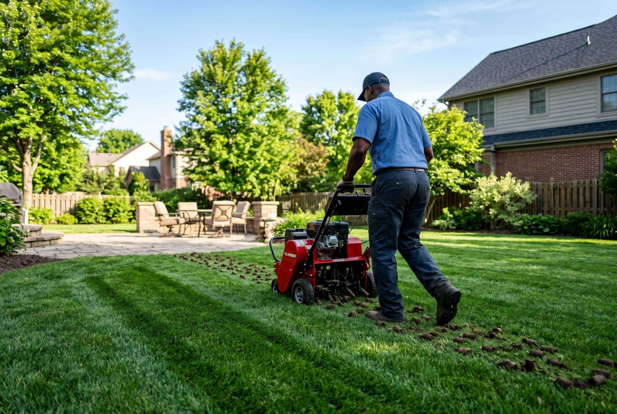 Man pushing a core aerator across a green backyard lawn, leaving rows of soil plugs on the grass behind him
