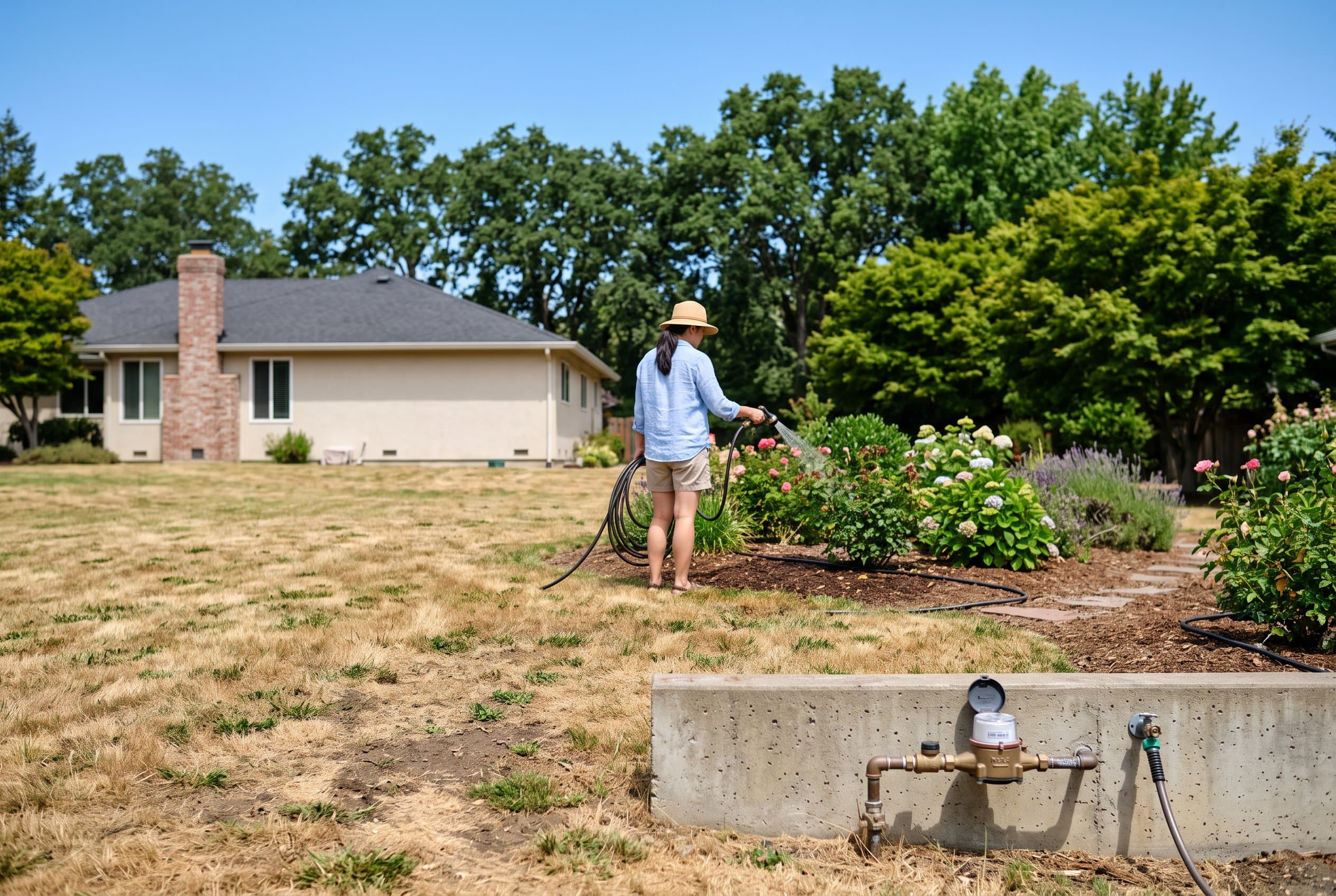 Healthy green lawn during water restrictions with drought-resistant landscaping techniques