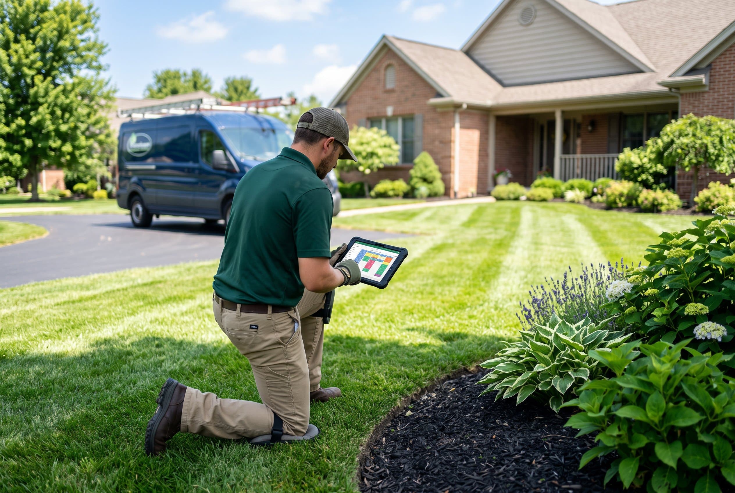 Professional landscaper mowing green lawn with modern equipment for subscription service