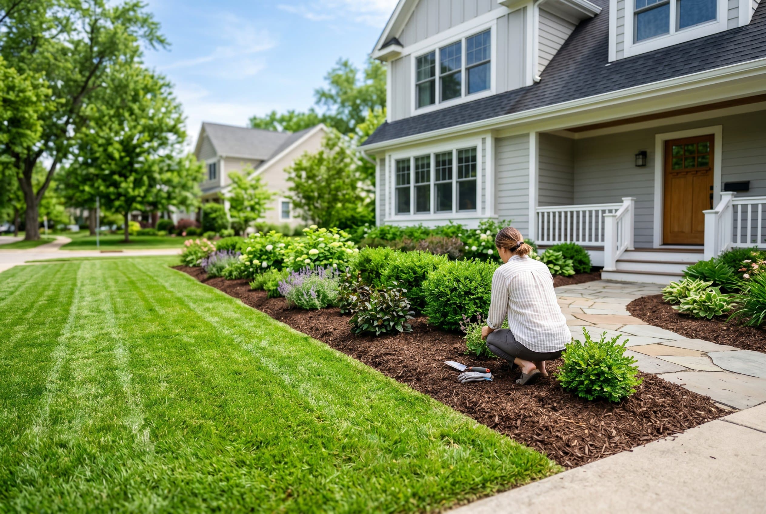 Neatly edged border between a green front lawn and a mulched shrub bed in front of a gray two-story house
