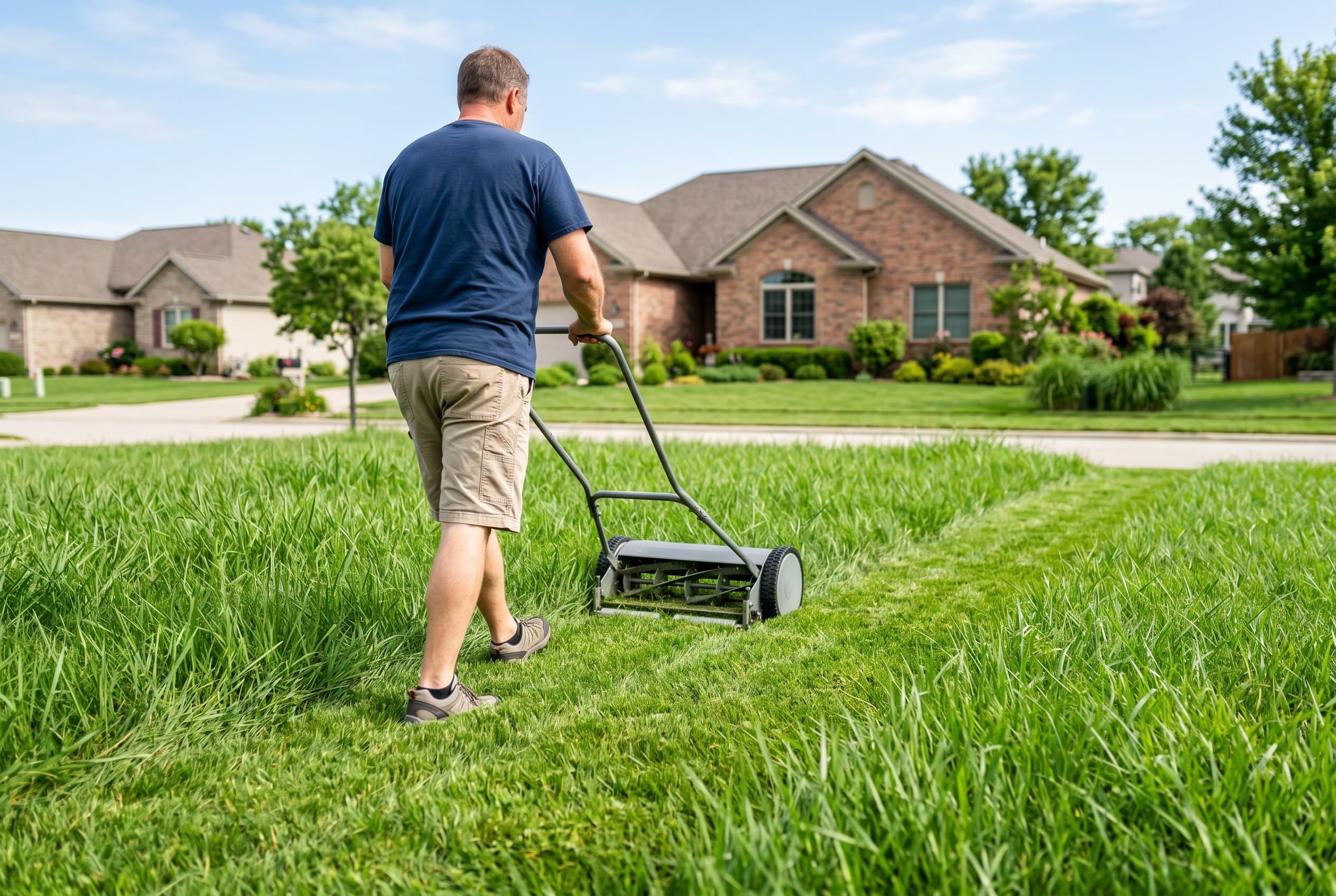 Man pushing a reel mower through tall thick green grass, leaving a freshly cut strip behind him